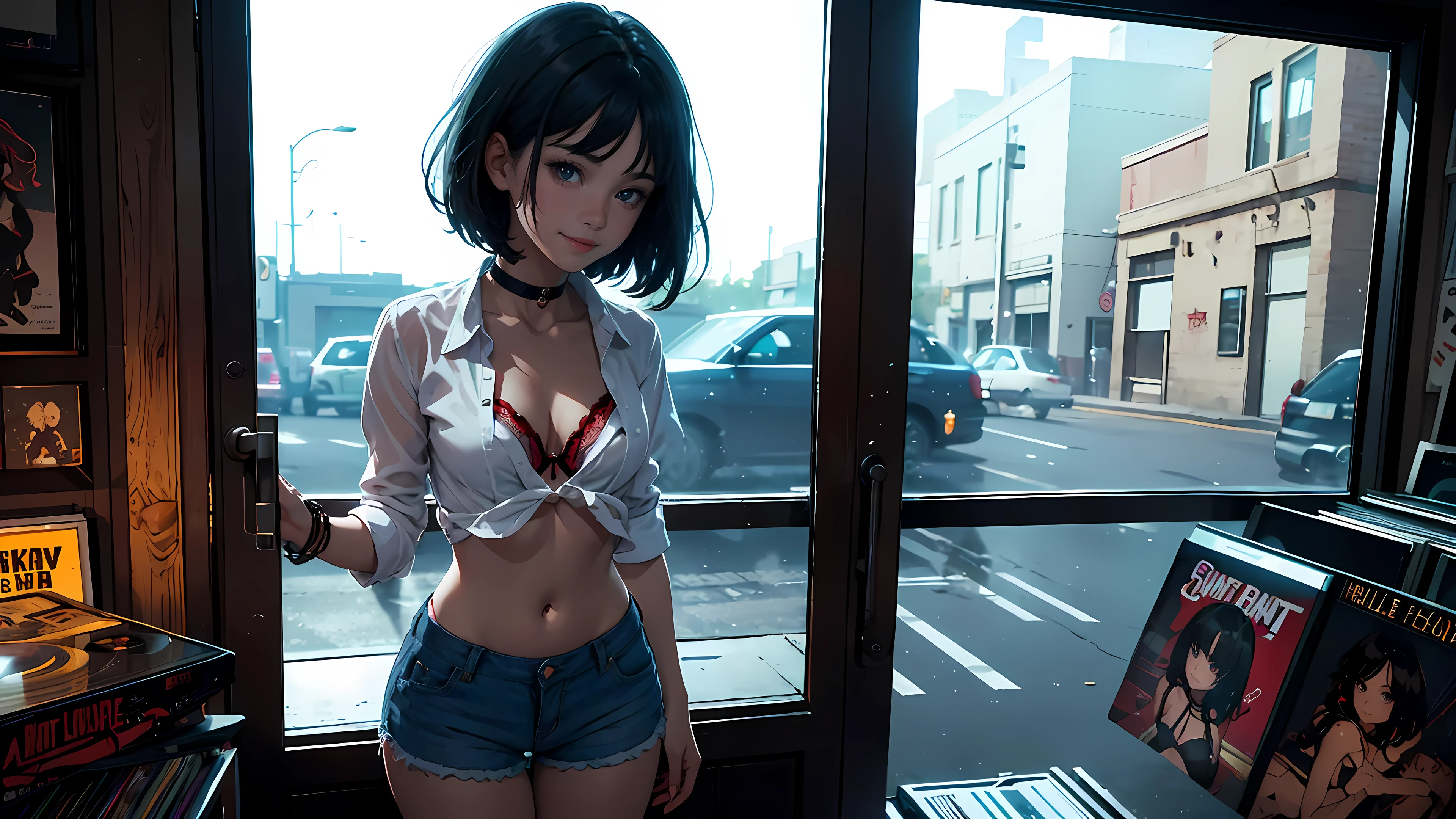 18 year old girl, 
short black hair, big eyes, sweet smile, small breasts, thin hips,
choker collar, unbuttoned white shirt, red bra, jean shorts,
record store, vinyl,
open door, open window,
evening, nighttime
dramatic lighting, cinematic lighting, 