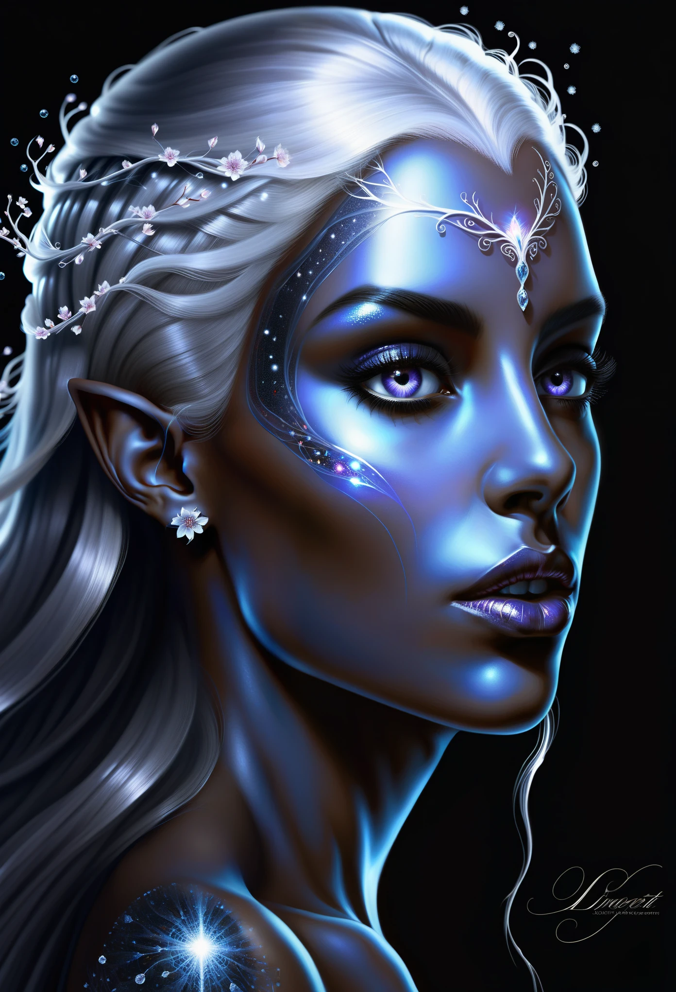 unfinished, hatching (texture),(((A portrait of the vicious Dark Elf Queen appears:1.1))), Dark skin, white glowing pupils, Exuding an aura of dark fantasy and hatred, Intricate and exquisite details, Highlight thin strokes, dark rich color palette, Black, Red, white, blue, Added to enhance the overall ambience, mesmerizing artwork, Unforgettably beautiful faces in paintings, Demonstrate extraordinary illustration skills, Beautiful details glow, smooth and flawless, The mysterious scene unfolds, through double exposure technology, Delicate crystal structure sparkles, ethereal light, beautifully juxtaposed, Soft baby pink cherry blossoms, Optical fiber thin fibers add touch, Intricate and mysterious, Eyes look toward central focus, wrapped in lilac metallic canvas, image comes alive with black light glow lines, Enhance its charming charm, Captivating works of art captured, cinematic lighting, UHD, anatomically correct, textured skin, super detail, award winning, 8k