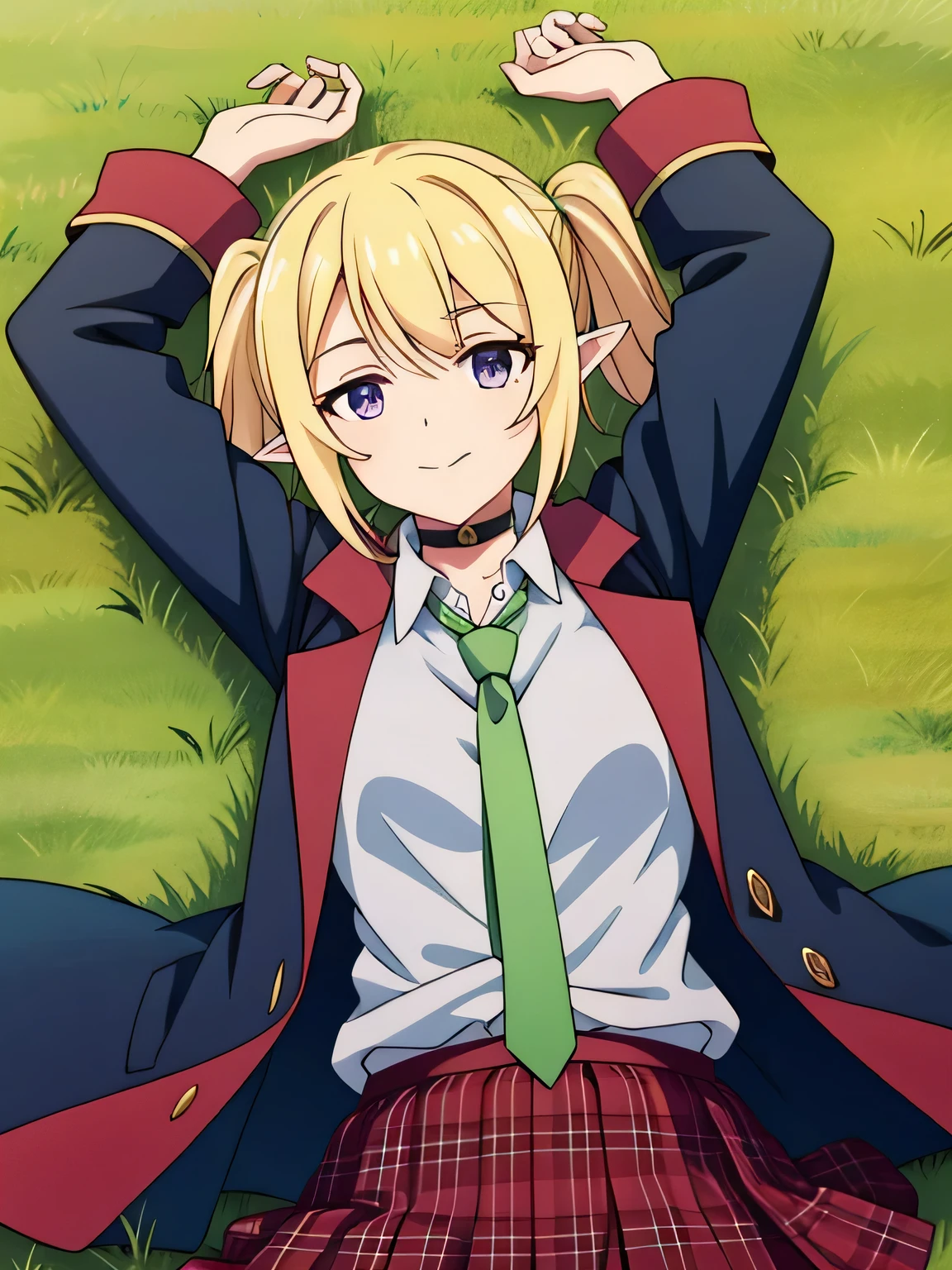 chloe-school, twintails, purple eyes, blonde hair, pointy ears, st. theresa's girls academy , pleated skirt, plaid skirt, red skirt, choker, black coat, green necktie, solo, lying, , closed mouth, solo, spread arms, arms up, smile, lying, on back, on grass, looking at viewer, solo, in the center, cowboy shot, high quality, 