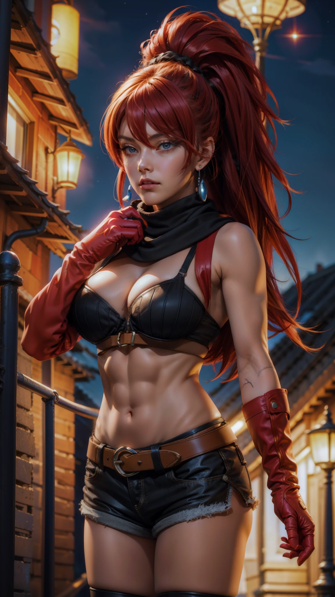 maya1hit, 1girl, red hair, long hair, ponytail, hair between eyes, scrunchie, red eyes, jewelry, earrings, large breasts, cleavage, scarf, black scarf, midriff, navel, gloves, elbow gloves, belt, shorts, short shorts, black shorts, thighhighs, boots, film grain, chromatic aberration, city, masterpiece, best quality, raw photo, photorealistic, absurdres, beautiful girl, perspective, cowboy shot, highres, ultra detailed, detailed eyes and face, summer, night,   