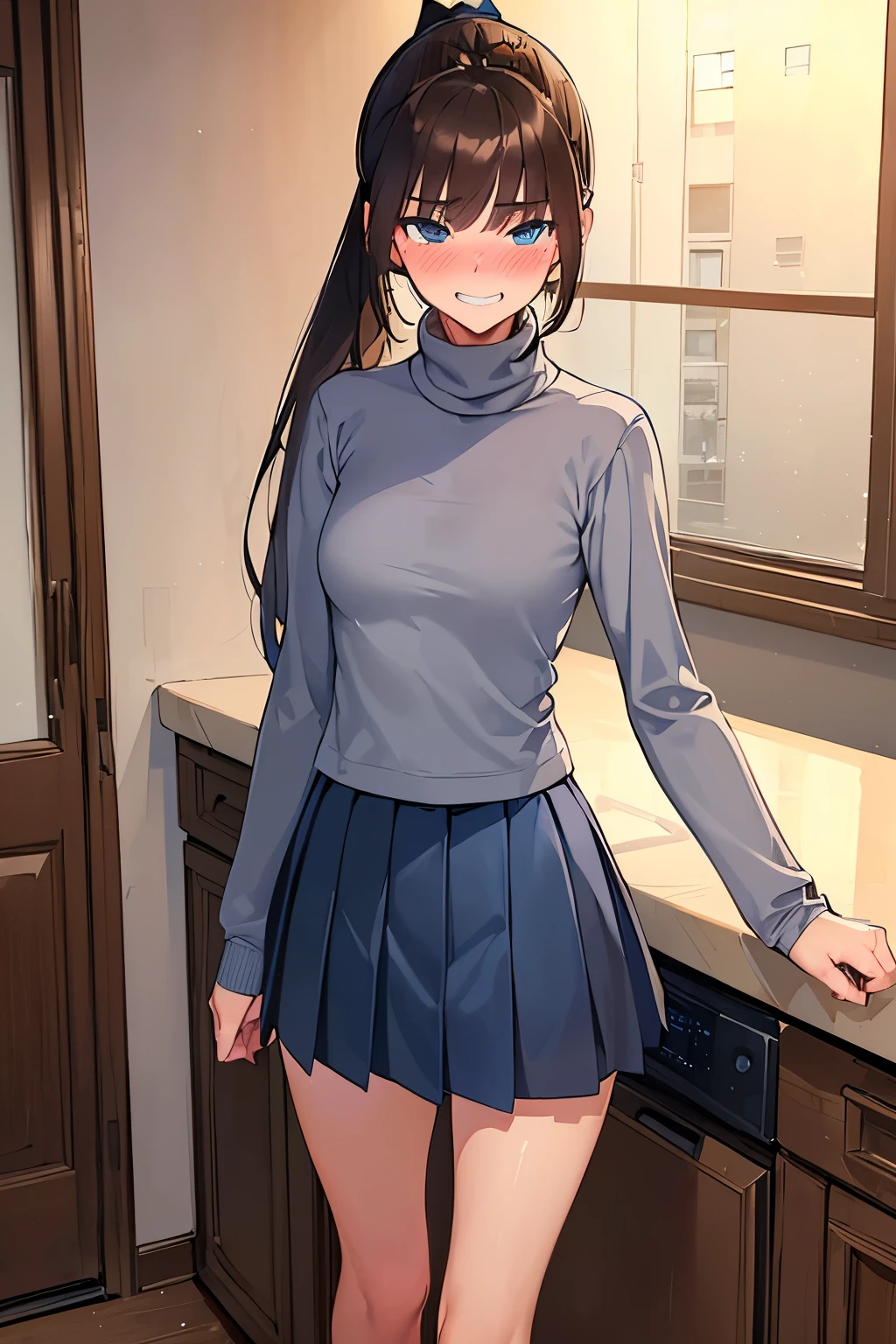 ((best quality)), ((masterpiece)), (detailed), (((perfect face))), ((slender 16yo teenage girl standing in fancy kitchen)), (((wearing light grey turtleneck pullover, dark blue pleated skirt))), ((brunette, brown hair)), ((ponytail)), (((blue eyes))), ((shy:1.3)), ((blushing:1.5)), (((grin))), ((skinny thighs)), ((skinny hips)), (((bare legs)))