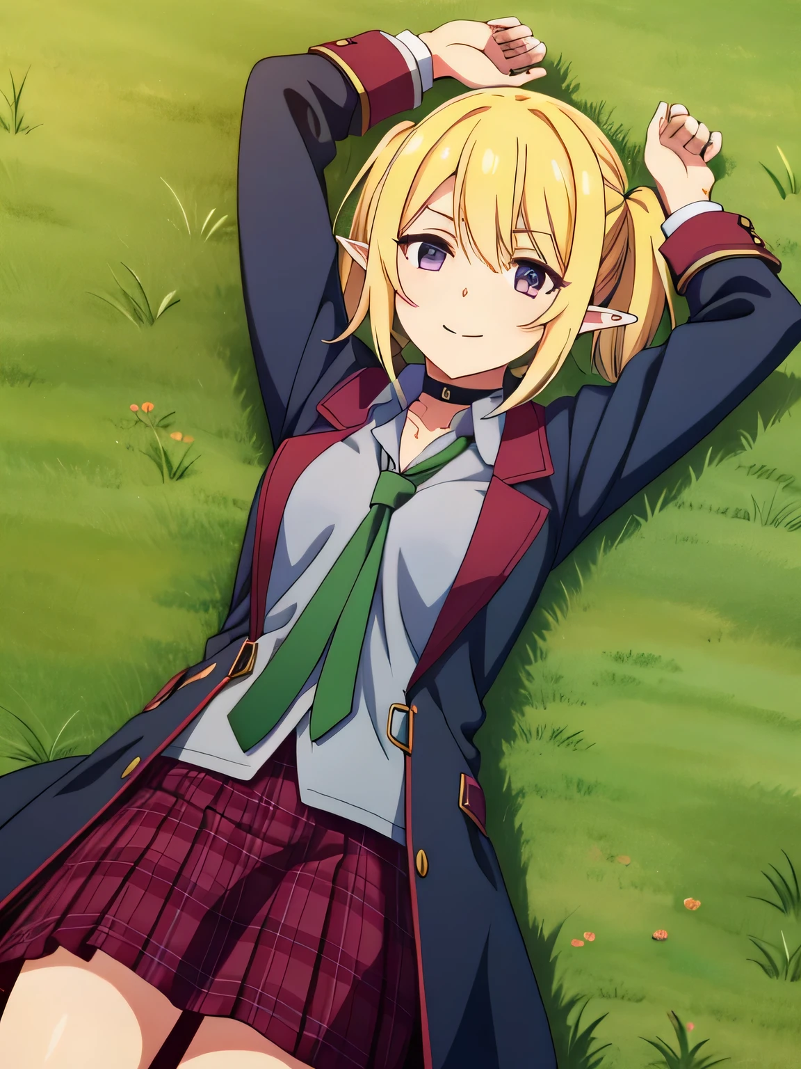 chloe-school, twintails, purple eyes, blonde hair, pointy ears, st. theresa's girls academy , pleated skirt, plaid skirt, red skirt, choker, black coat, green necktie, solo, lying, , closed mouth, solo, spread arms, arms up, smile, lying, on back, on grass, looking at viewer, solo, in the center, cowboy shot, high quality,