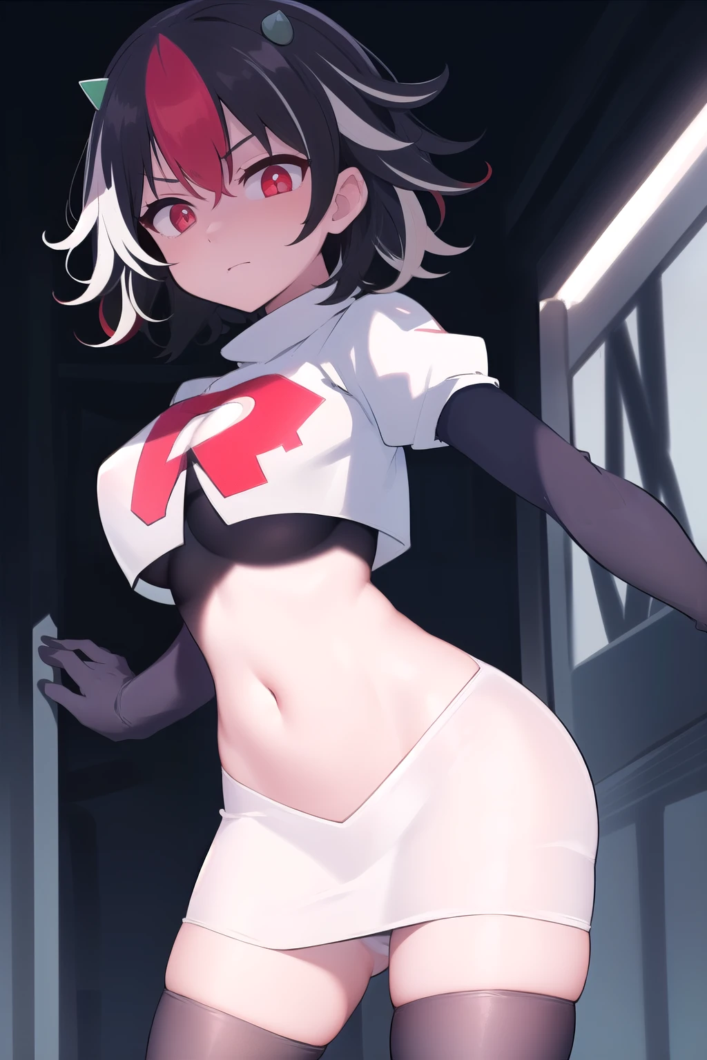 1girl, (kijin seija), , solo, streaked hair, black hair, short hair, multicolored hair, horns, red eyes, crazy eyes, wide-eyed, constricted pupils, team rocket,team rocket uniform, red letter R, white skirt,white crop top,black thigh-highs,black elbow gloves