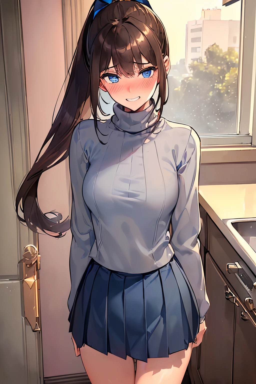 ((best quality)), ((masterpiece)), (detailed), (((perfect face))), ((slender 16yo teenage girl standing in fancy kitchen)), (((wearing light grey turtleneck pullover, dark blue pleated skirt))), ((brunette, brown hair)), ((ponytail)), (((blue eyes))), ((shy:1.3)), ((blushing:1.5)), (((grin))), ((skinny thighs)), ((skinny hips)), (((bare legs)))