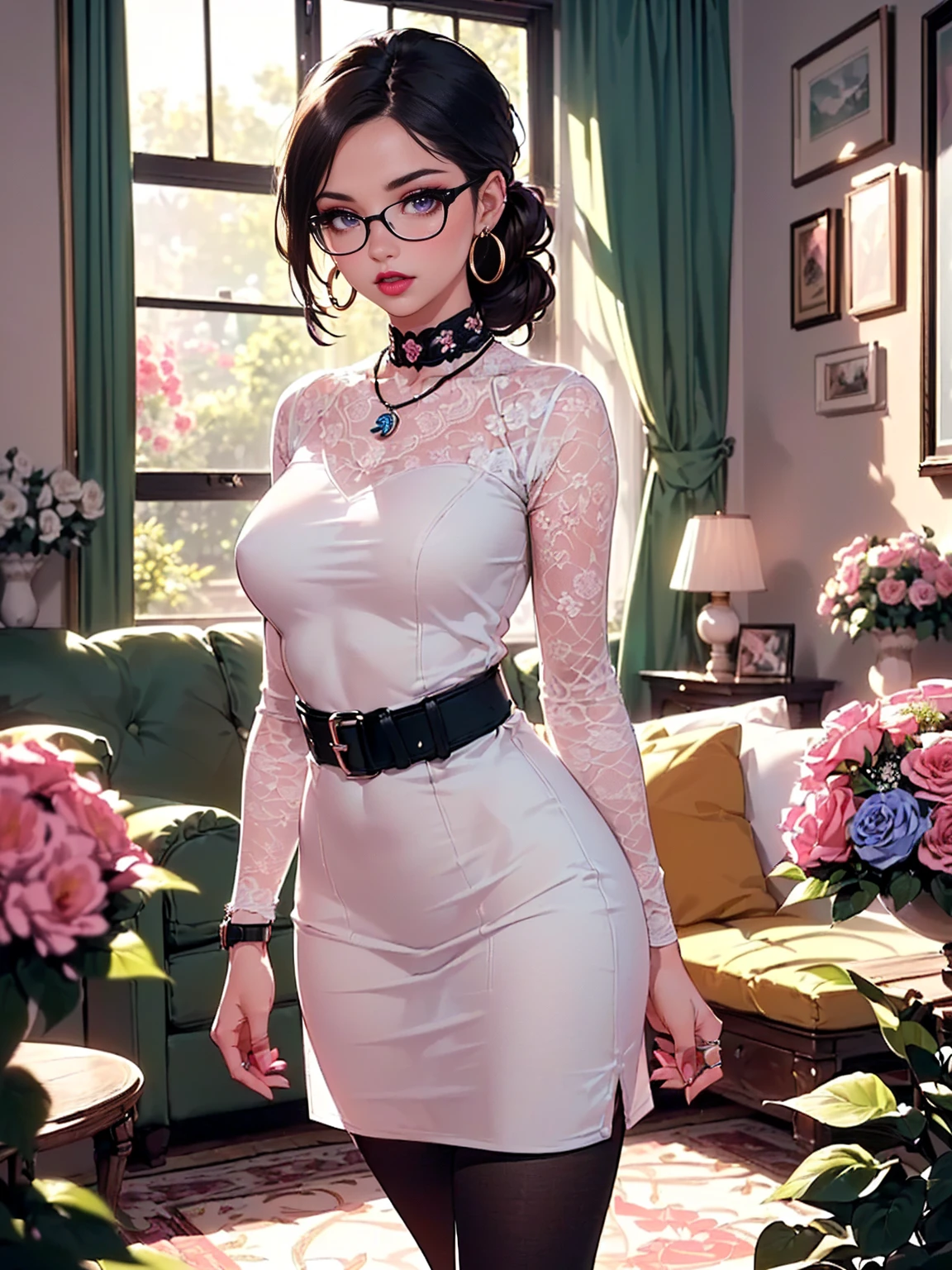 ((1woman, solo, alone, woman, (retro high pony), brown hair, black eyes, prescription glasses, pink lipstick, wrist watch, wedding ring, hoop earrings, pendant necklace, (white dress, sheath derss , black belt, black tights), imposing, stately), ((solo, (1woman, pink lipstick, seen from the front), Extremely detailed, ambient soft lighting, 4k, perfect eyes, a perfect face, perfect lighting, a 1girl)), ((standing, living room, decorated room, large jalena, flower garden, tree-lined garden))