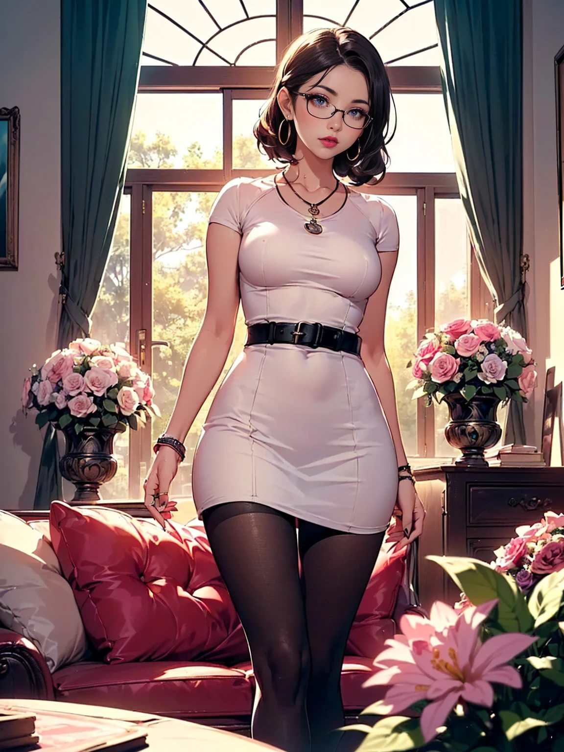 ((1woman, solo, alone, woman, (retro high pony), brown hair, black eyes, prescription glasses, pink lipstick, wrist watch, wedding ring, hoop earrings, pendant necklace, (white dress, sheath derss , black belt, black tights), imposing, stately), ((solo, (1woman, pink lipstick, seen from the front), Extremely detailed, ambient soft lighting, 4k, perfect eyes, a perfect face, perfect lighting, a 1girl)), ((standing, living room, decorated room, large jalena, flower garden, tree-lined garden))