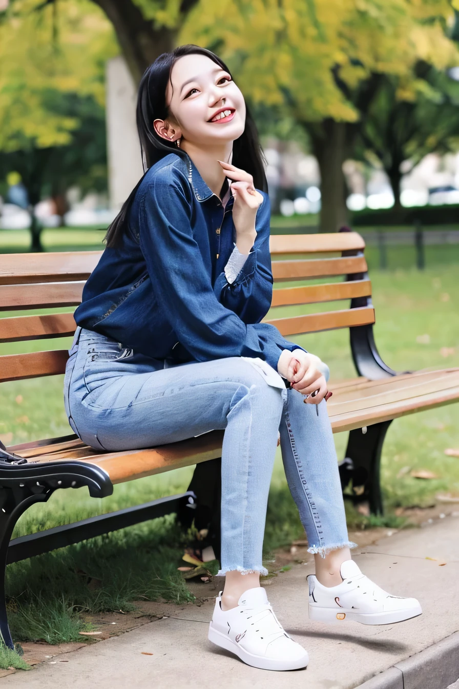 ((highest quality)), A neat and beautiful woman sitting on a park bench、long sleeve blouse、skinny denim、sneakers、black hair、ear piercing、smile、smile showing teeth、full body photo
