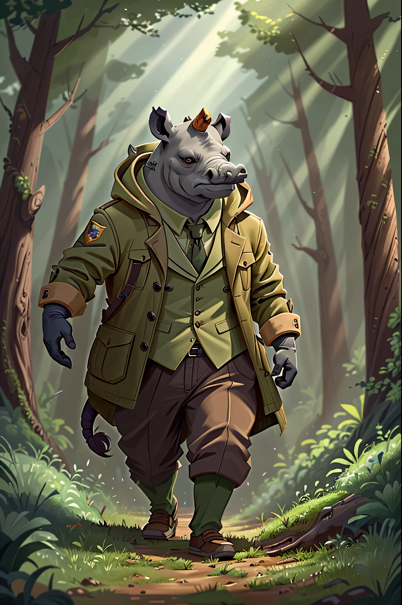 high resolution,high quality,animal anthropomorphism,(Masterpiece anthropomorphic rhino wearing trench coat),forest,Movie般的光线,Lots of details,lifelike,4k,Movie,epic,intricate complexity,Surrealism。dramatic light。