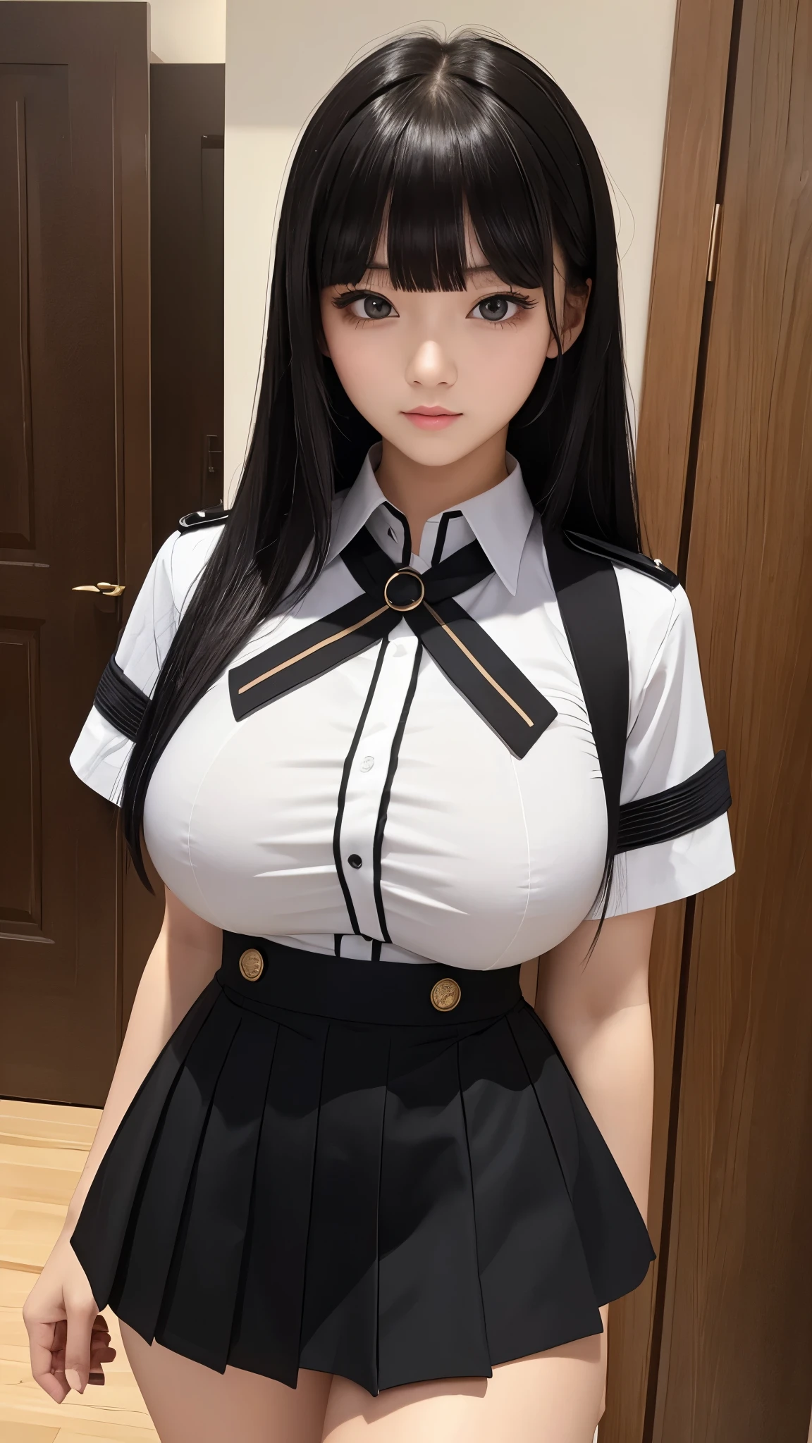 ((highest quality)), ((masterpiece)), (be familiar with), perfect face、female、Big breasts、blunt bangs、black hair、combat uniform、skirt、