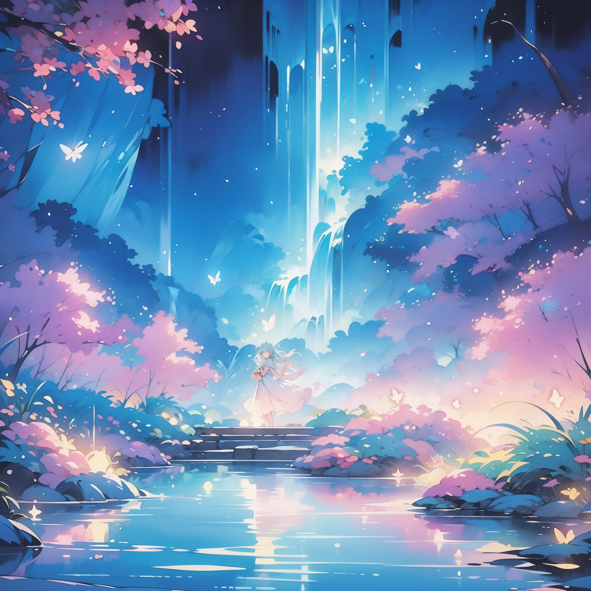 watercolor illustration, vibrant pastel colors, dreamy, colorful, whimsical, magical, masterpiece, best quality, sharp focus, intricately detailed environment, fine detail, 8k resolution, waterfall lagoon, (magical lagoon), (waterfall, lake), glowing lights, fireflies, glowing butterflies, fairy creatures, glowing fairies, beautiful girl in sparkling delicate white dress