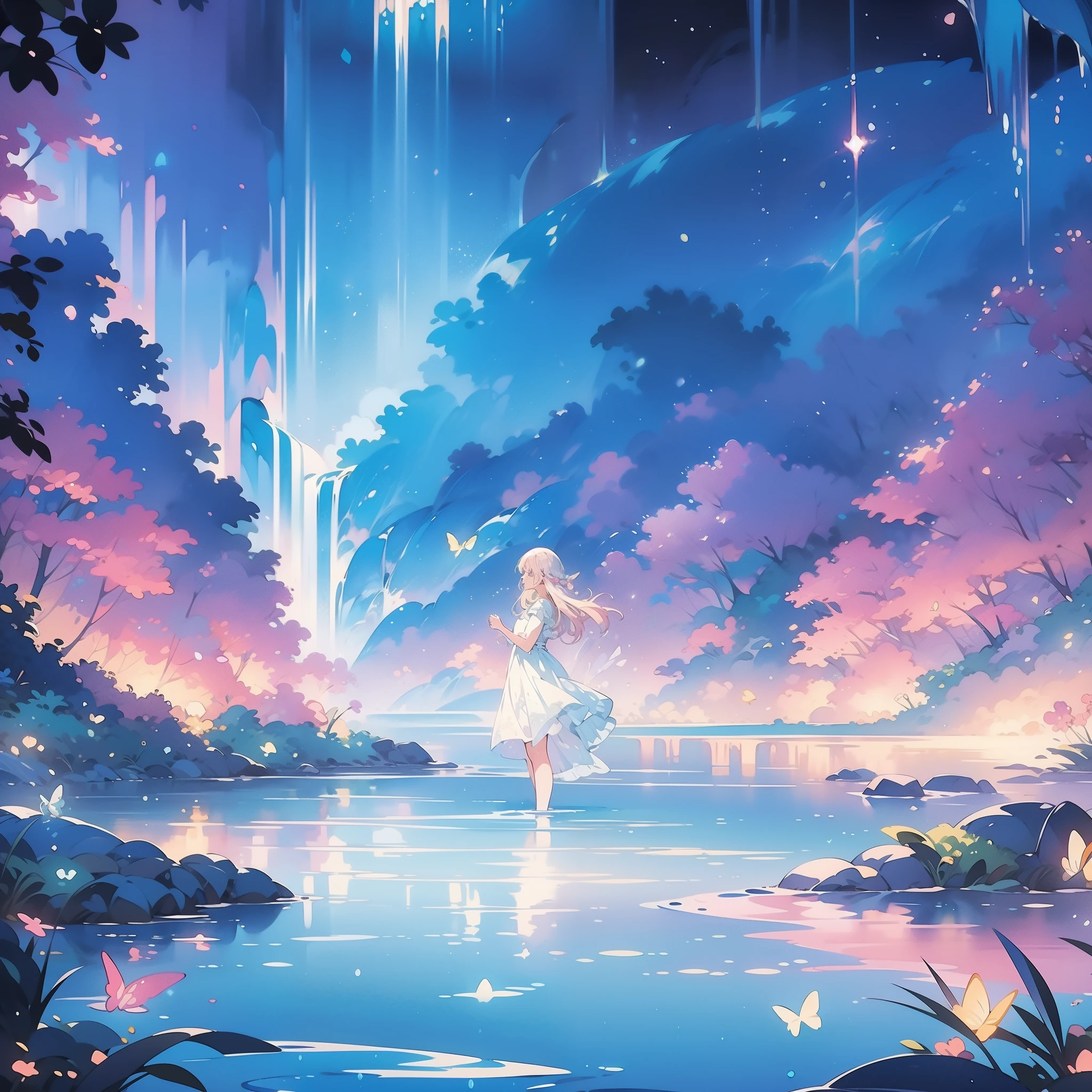 watercolor illustration, vibrant pastel colors, dreamy, colorful, whimsical, magical, masterpiece, best quality, sharp focus, intricately detailed environment, fine detail, 8k resolution, waterfall lagoon, (magical lagoon), (waterfall, lake), glowing lights, fireflies, glowing butterflies, fairy creatures, glowing fairies, beautiful girl in sparkling delicate white dress