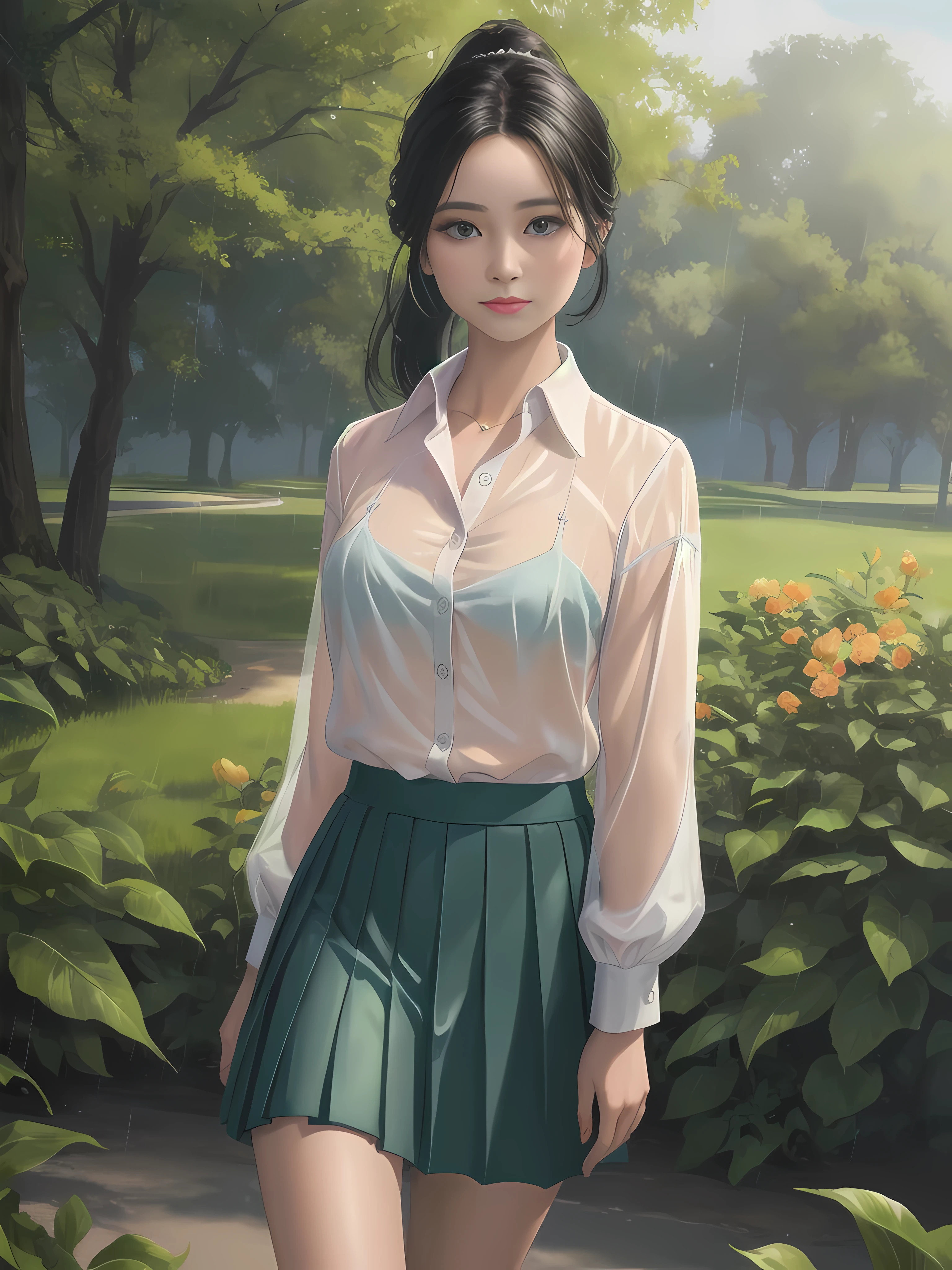 una hermosa joven, 16 years old, en el parque, bajo la lluvia, blusa, unbuttoned blusa, wet blusa, translucent blusa, falda corta ajustada plisada, oscuridad, viento que sopla, PELO NEGRO, cola de caballo, ojos verde topacio, piel blanca, grave, despreocupado, Detailed symmetrical realistic face, Extremadamente detallado natural skin texture, pelusa de durazno, obra maestra, absurdos, Nikon D850 film stock photography, kodak portra 400 camera f1.6 lentes, Extremadamente detallado, asombroso, buen detalle, colores ricos, textura realista hiperrealista, dramatic lighting, cinestill 800 tungsteno, foto realista, foto cruda, alta calidad, high resolution, sharp focus, Extremadamente detallado, cinematic lighting, 8k hd,