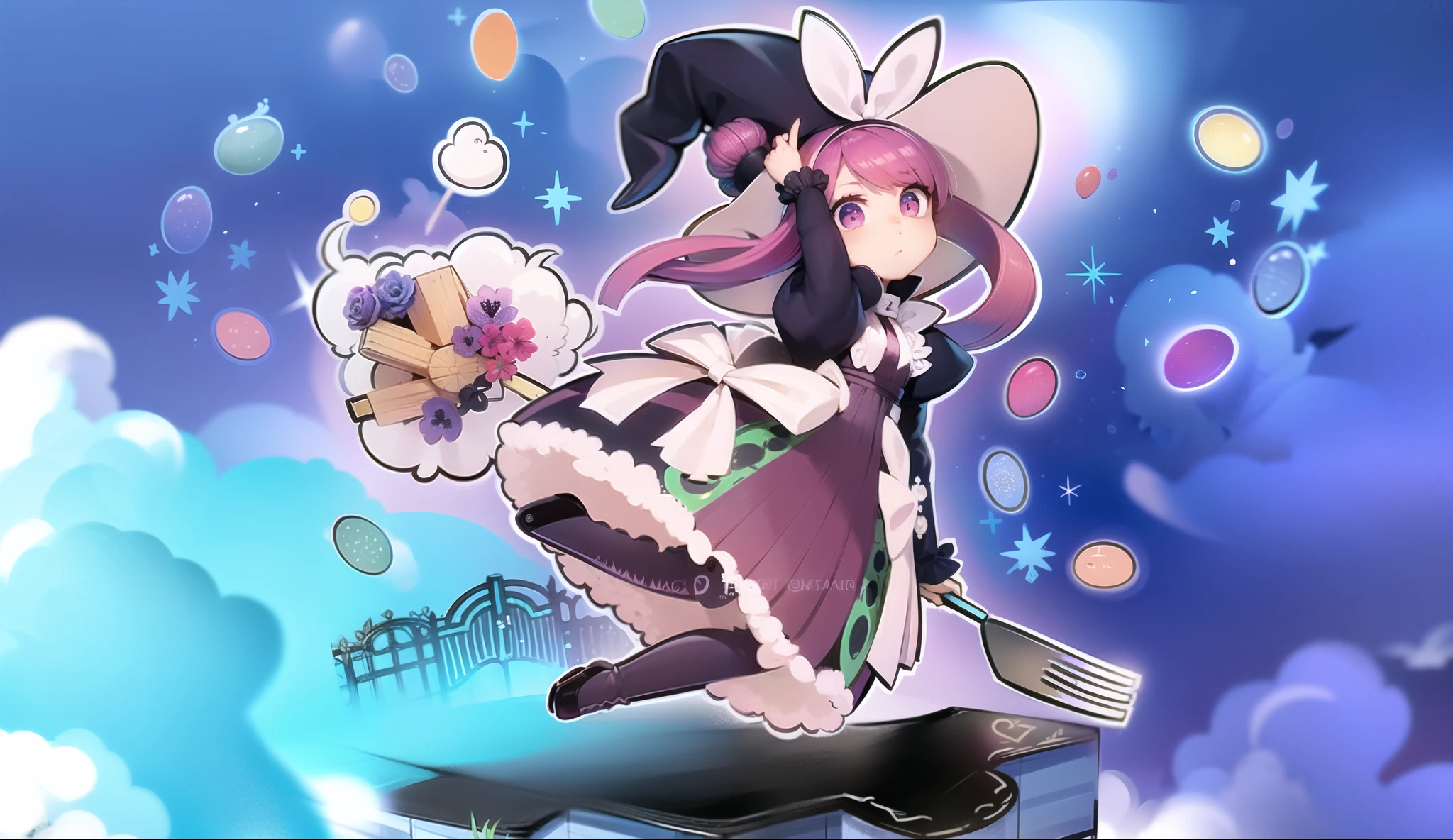 anime girl in a purple dress riding a skateboard with balloons in the sky, do desejo, bruxa girl, bright bruxa, personagem de saudade, bruxa fairytale, bruxa, bruxay, bruxa academia, little bruxa academia, magic, sky bruxa, /!\ the sorceress, uma empregada em uma floresta magic, from the black magician cemetery!!!, garota do mago ?????