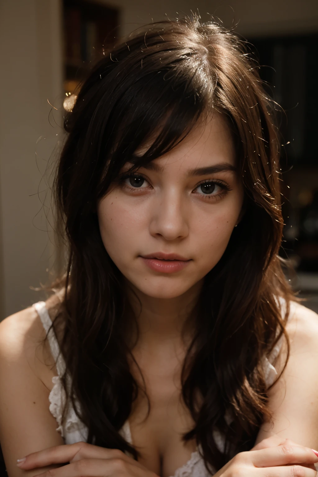 1 girl, young, dark brown hair above shoulders straight and messy with bangs, round black lenses, delicate features, innocent face, curious. foreground. BLACK LENSES. 