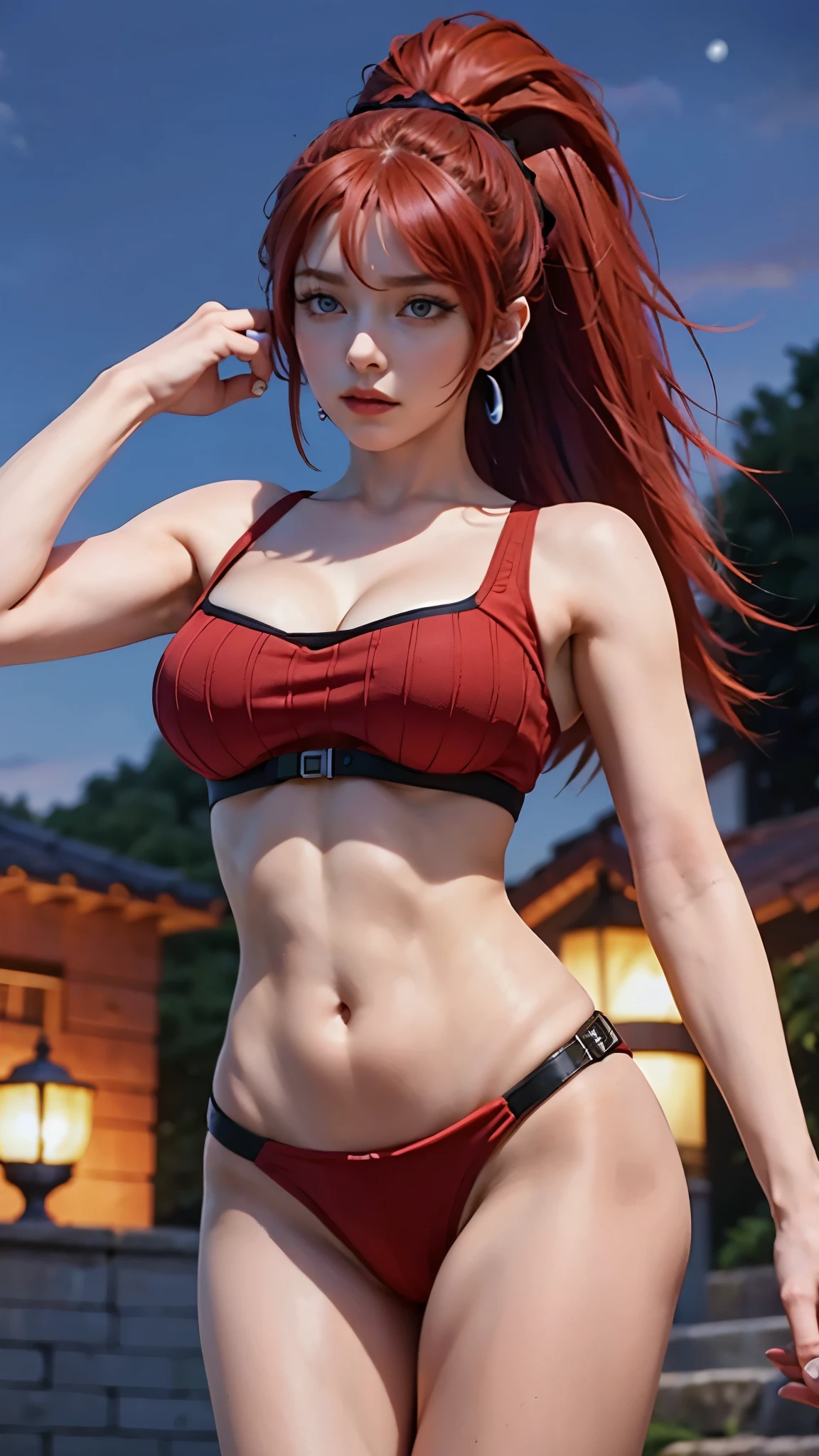 (masterpiece, best quality:1.2), maya1hit, 1girl, red hair, long hair, ponytail, hair between eyes, scrunchie, red eyes, jewelry, earrings, large breasts, sweater, navel, sleeveless, cowboy shot, city, summer, night,  