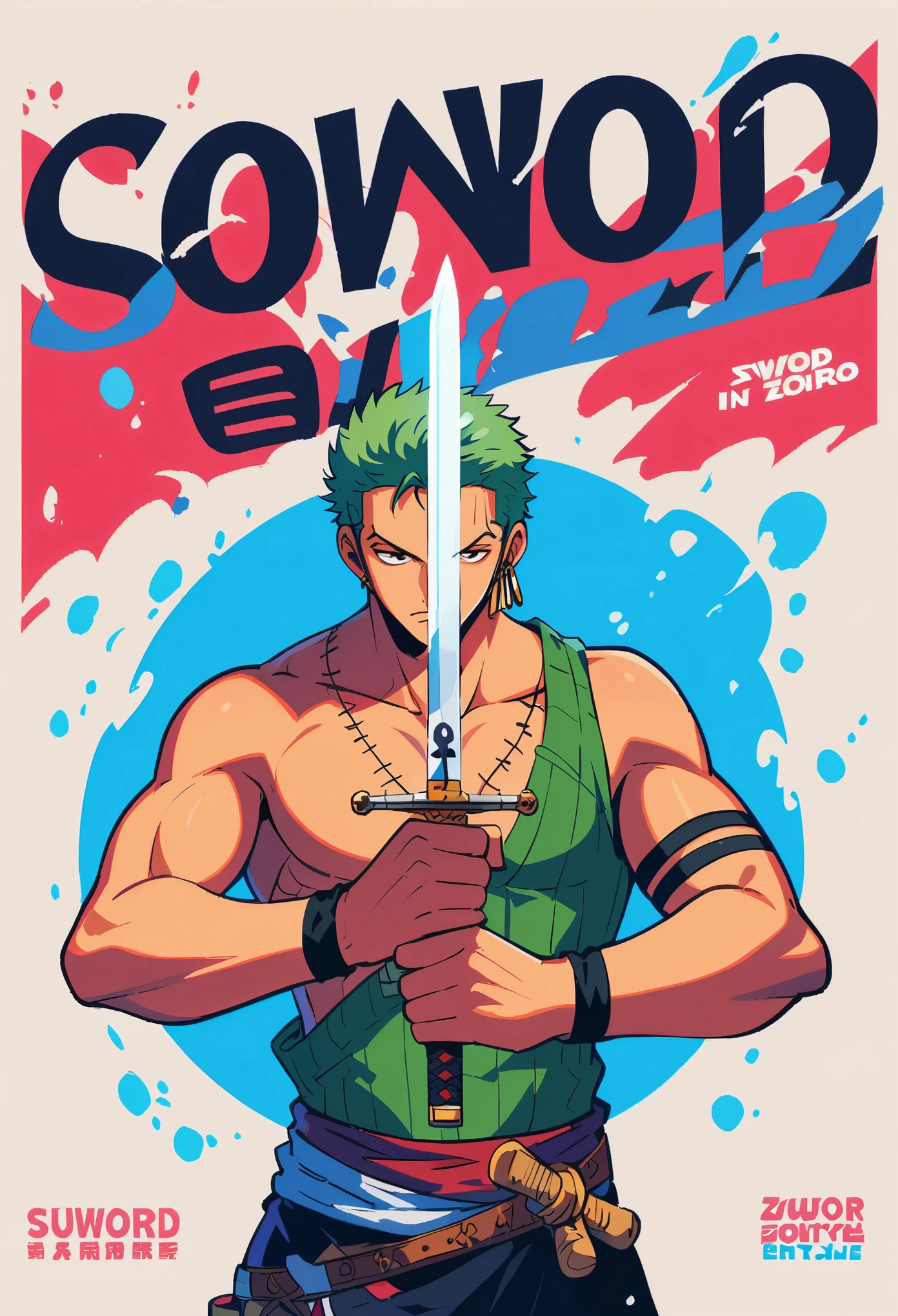 Roronoa Zoro，Sword in both hands，solo,Reward poster，One Piece style