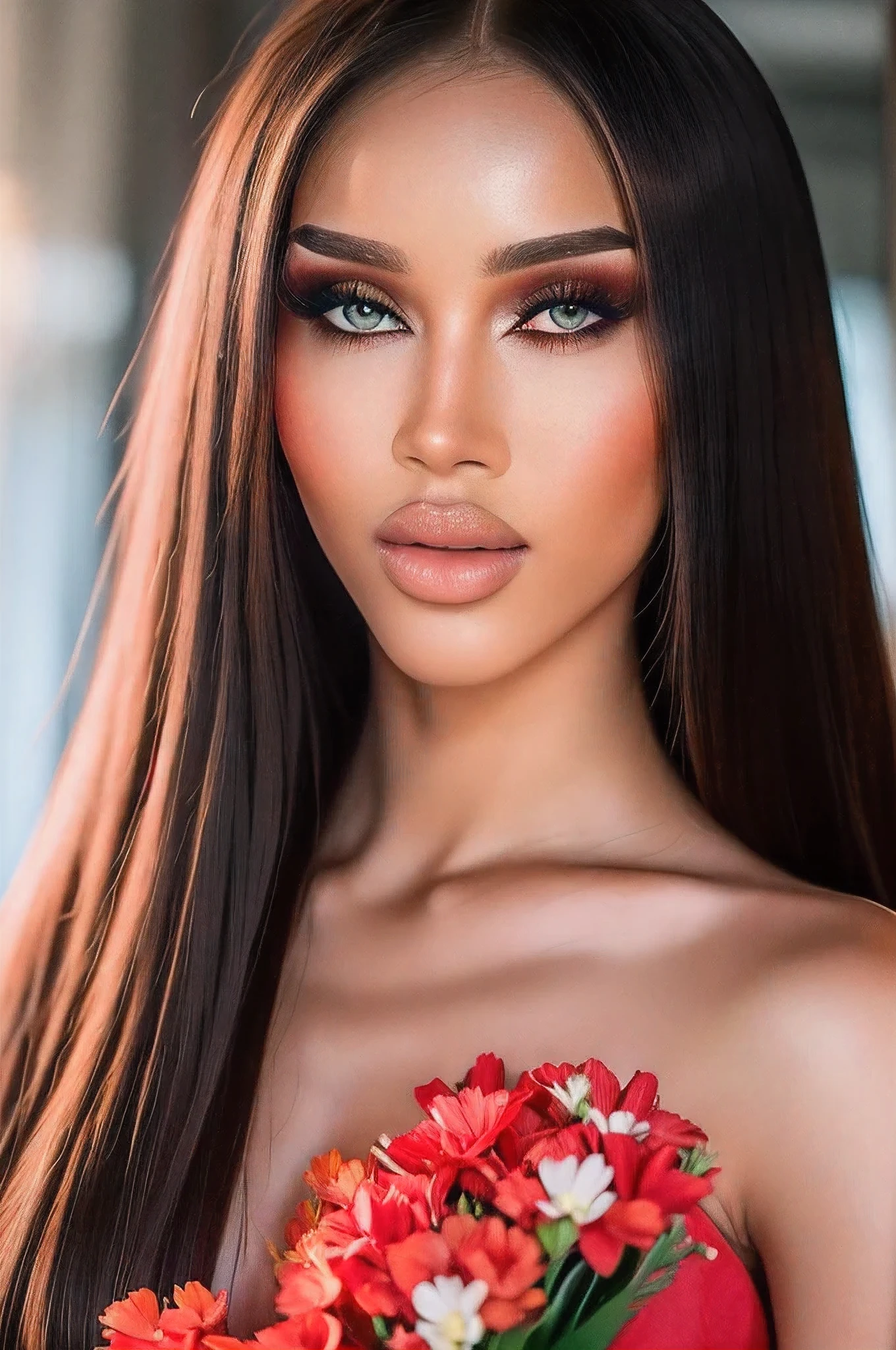 Masterpiece:1.2, best quality), 8K lifelike, (Real picture, complicated details, depth of field), (1 girl, alone), lip makeup, Chapped lips, มีรายละเอียดhigh, perfect face, (Skin rejuvenation), thick thighs, wide hips, small waist, high, glossy coral lips,, (Young woman in a wedding dress with flowers in her hand )), sexy, blushing, Mikasa from AOT