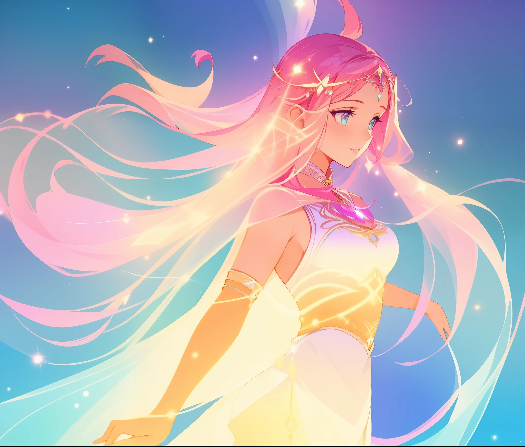 beautiful girl in white arabian two-piece dress, (arabian princess), (arabian dancer), (fantasy arabian dress), long colorful sparkling pink hair, watercolor illustration, Lois van Baarle, glowing aura around her, Glen Keane, jen bartel, glowing hair, beautiful digital illustration, fantasia background, beautiful, masterpiece, best quality, anime disney style, (detailed eyes), golden ratio, perfect composition