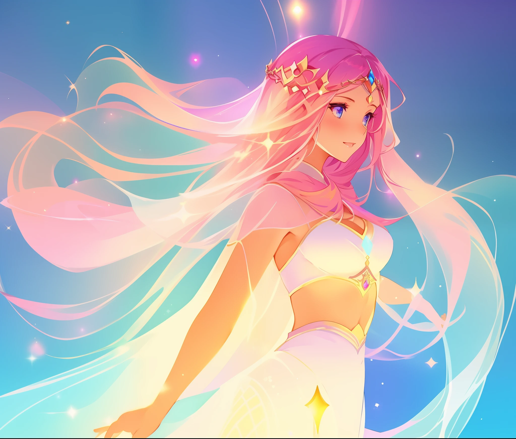 beautiful girl in white arabian two-piece dress, (arabian princess), (arabian dancer), (fantasy arabian dress), long colorful sparkling pink hair, watercolor illustration, Lois van Baarle, glowing aura around her, Glen Keane, jen bartel, glowing hair, beautiful digital illustration, fantasia background, beautiful, masterpiece, best quality, anime disney style, (detailed eyes), golden ratio, perfect composition