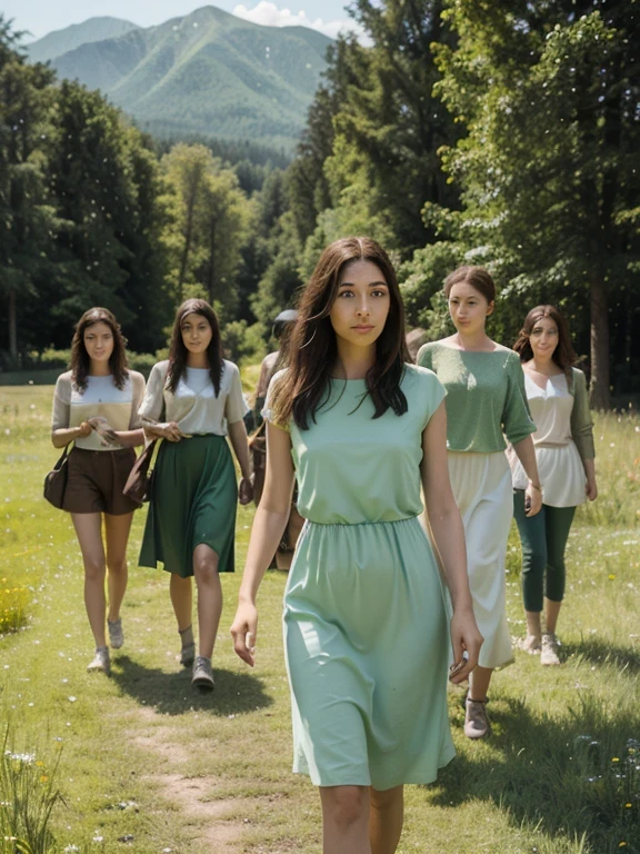 In a green meadow stands a girl leading a group of knights.
BREAK
With a brave expression, she guides them towards their destination.
BREAK
Behind her, a green forest stretches out and beyond that, mountains rise in the distance.
BREAK
The most suitable effect for this scene would be a watercolor painting technique to capture the softness of the meadow and the fluidity of the movement.