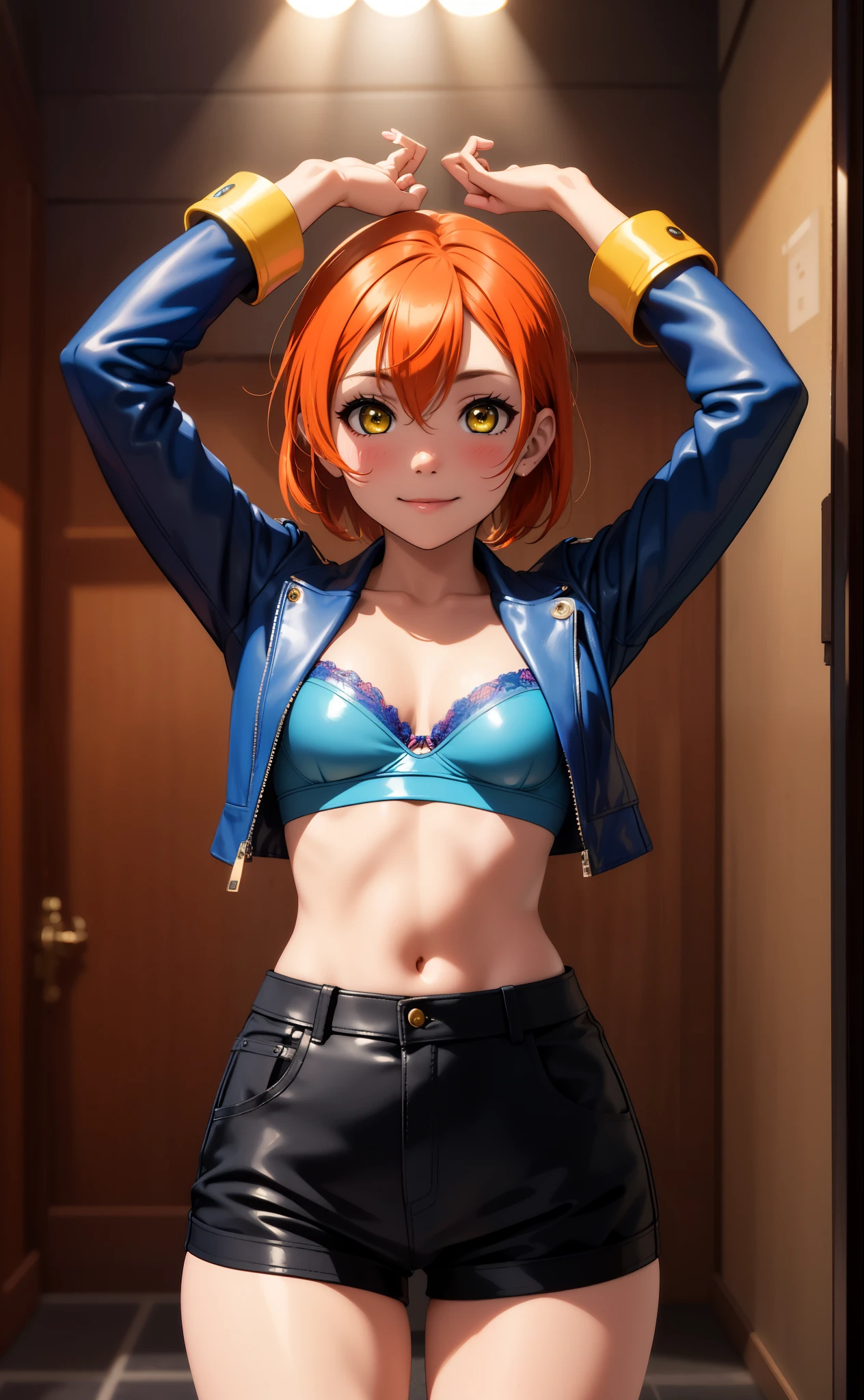 (Masterpiece, Best Quality, High Quality), facing viewer,volumetric lighting, illustration, beautiful, tight , Blushing, looking at viewer, blue leather bra top, blue leather small jacket, blue leather shorts,solo, posing for picture, seductive, perfect lighting, perfect shadows,Hoshizora rin, orange hair, yellow eyes , arms up , smile 