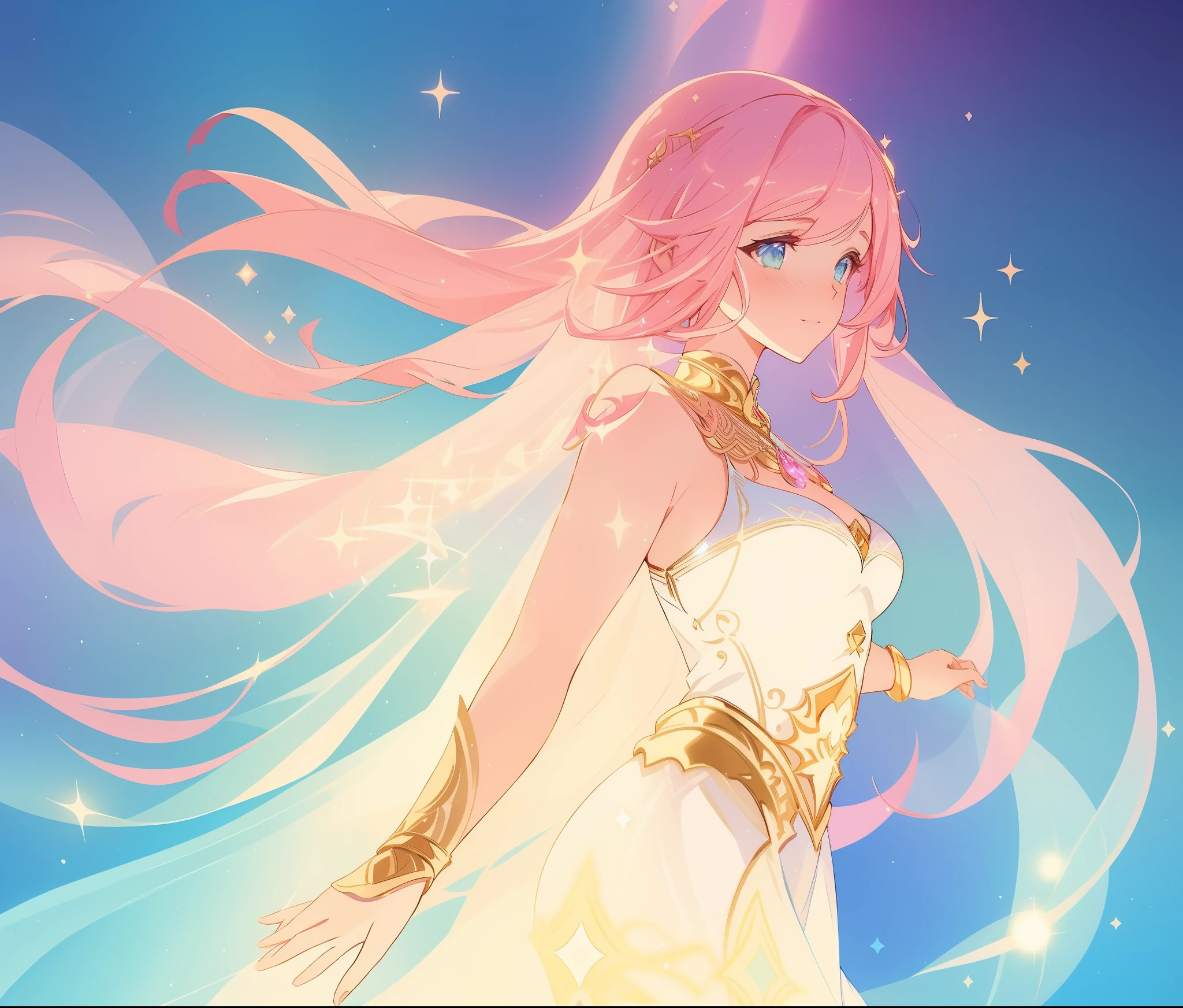 beautiful girl in white arabian two-piece dress, (arabian princess), (arabian dancer), (fantasy arabian dress), long colorful sparkling pink hair, watercolor illustration, Lois van Baarle, glowing aura around her, Glen Keane, jen bartel, glowing hair, beautiful digital illustration, fantasia background, beautiful, masterpiece, best quality, anime disney style, (detailed eyes), golden ratio, perfect composition