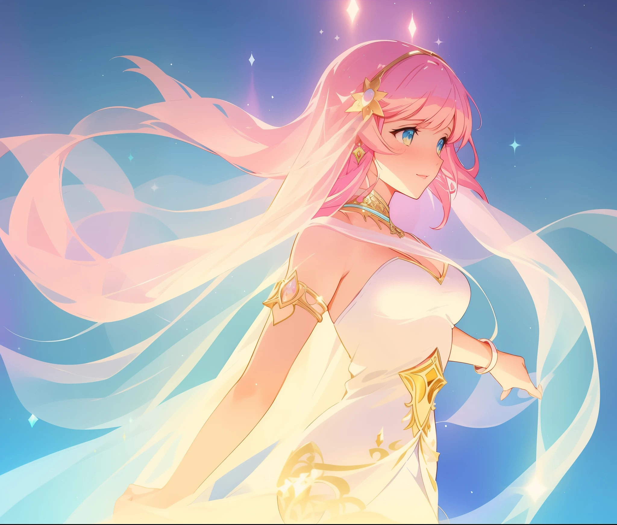 beautiful girl in white arabian two-piece dress, (arabian princess), (arabian dancer), (fantasy arabian dress), long colorful sparkling pink hair, watercolor illustration, Lois van Baarle, glowing aura around her, Glen Keane, jen bartel, glowing hair, beautiful digital illustration, fantasia background, beautiful, masterpiece, best quality, anime disney style, (detailed eyes), golden ratio, perfect composition