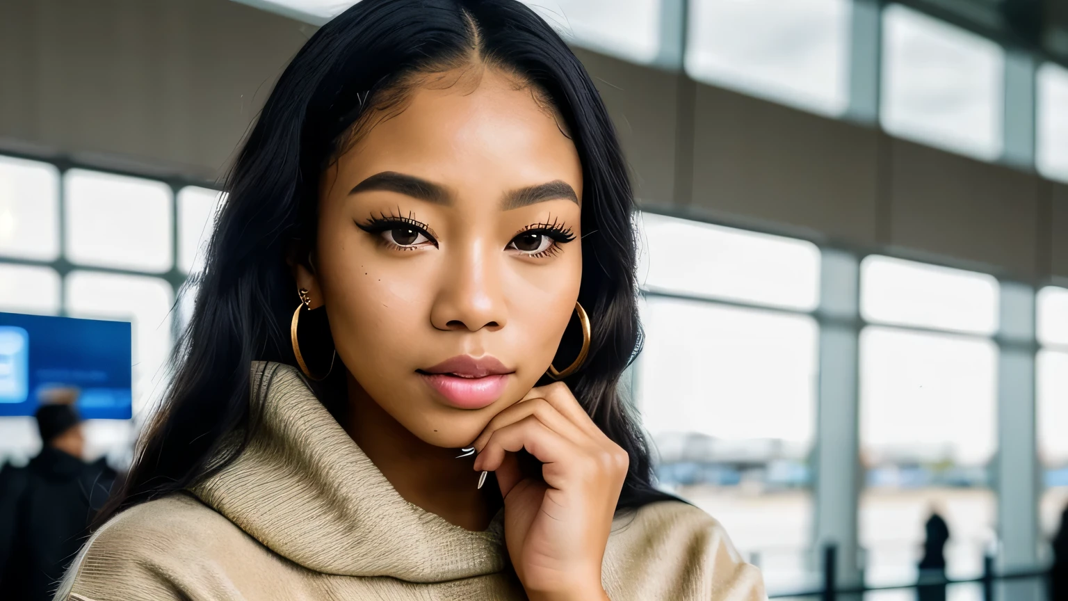 ((best quality)), ((masterpiece)), (detailed), perfect face Blasian Vitiligo Woman ultra realistic beautiful girl thick lips ripped jeans gold earring thick eyelashes sad face at the airport wearing a sweater and sweatpants waiting for the plane to arrive
