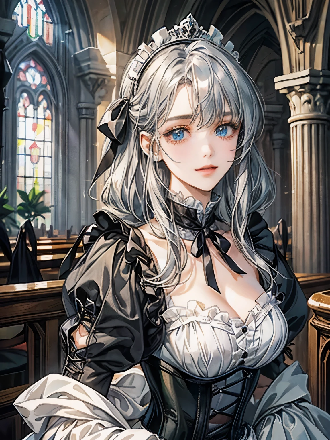 1 girl、light blue blouse、corset、detailed face、long gray hair、light blue eyes、round eyes、hair arrangement、Attaching the ribbon、smiling girl、droopy eyes、droopy eyes、17 years old、church、Patsun bangs,Gothic Lolita,sunset