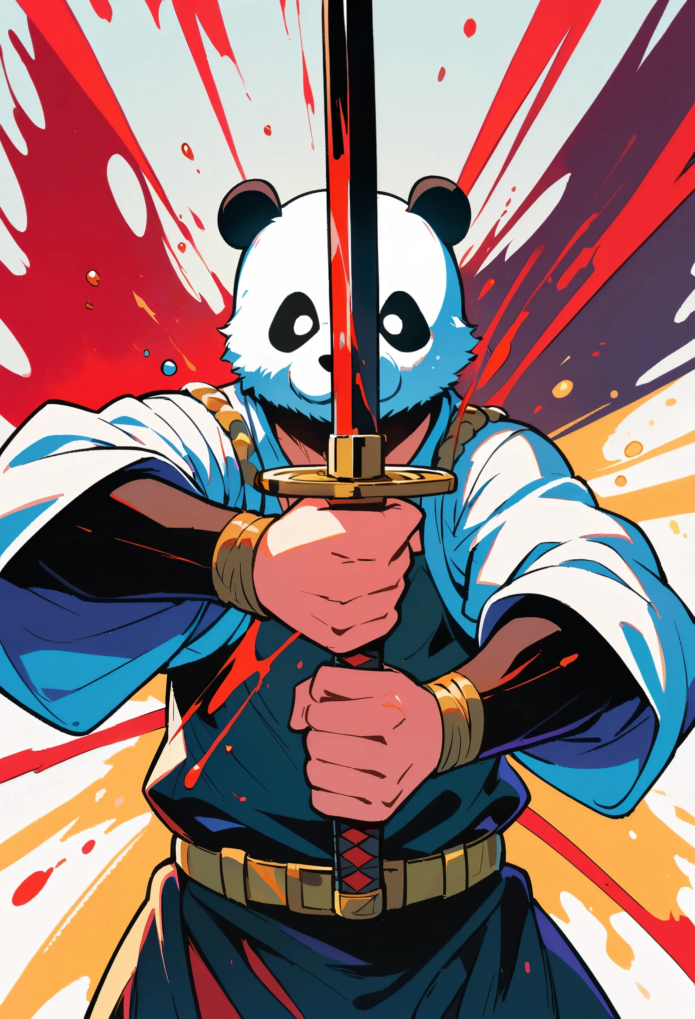 Panda warrior,Sword in both hands,sword focus,Splashed blood,red and white and black,cartoon,