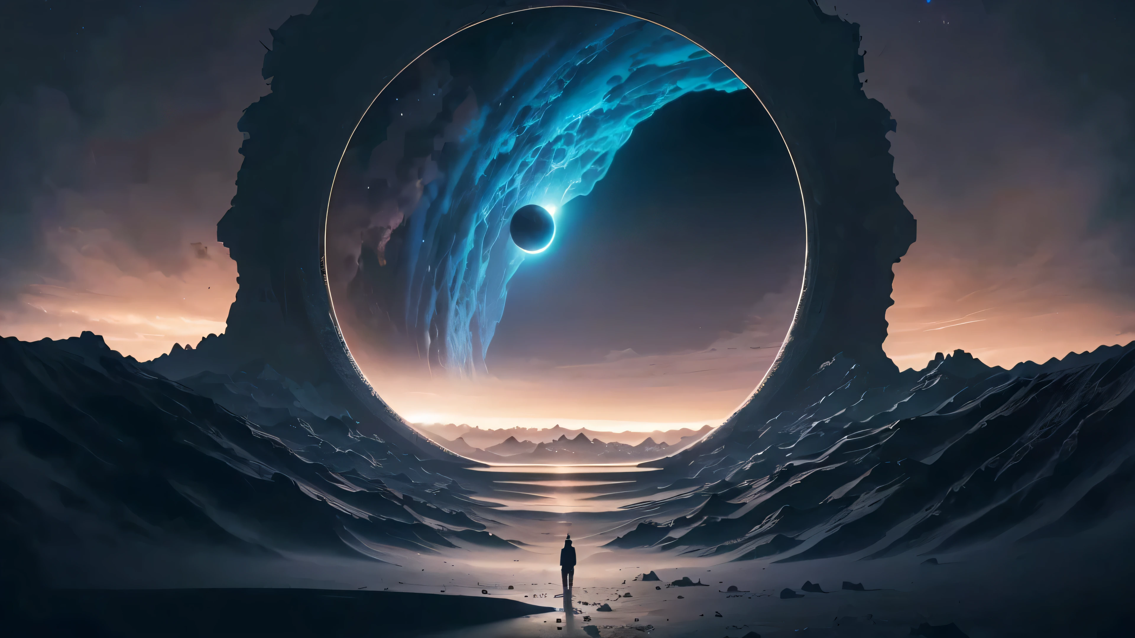 Standing alone in the desert，Arafad view with planets in background, A world that can only be seen through portals, portal to another world, portal to another universe, portal to another dimension, gateway to outer space, Otherworldly visuals, portal to another universe, view universe, View through the portal, Inspired by Cyril Rolando, Greg Beeple