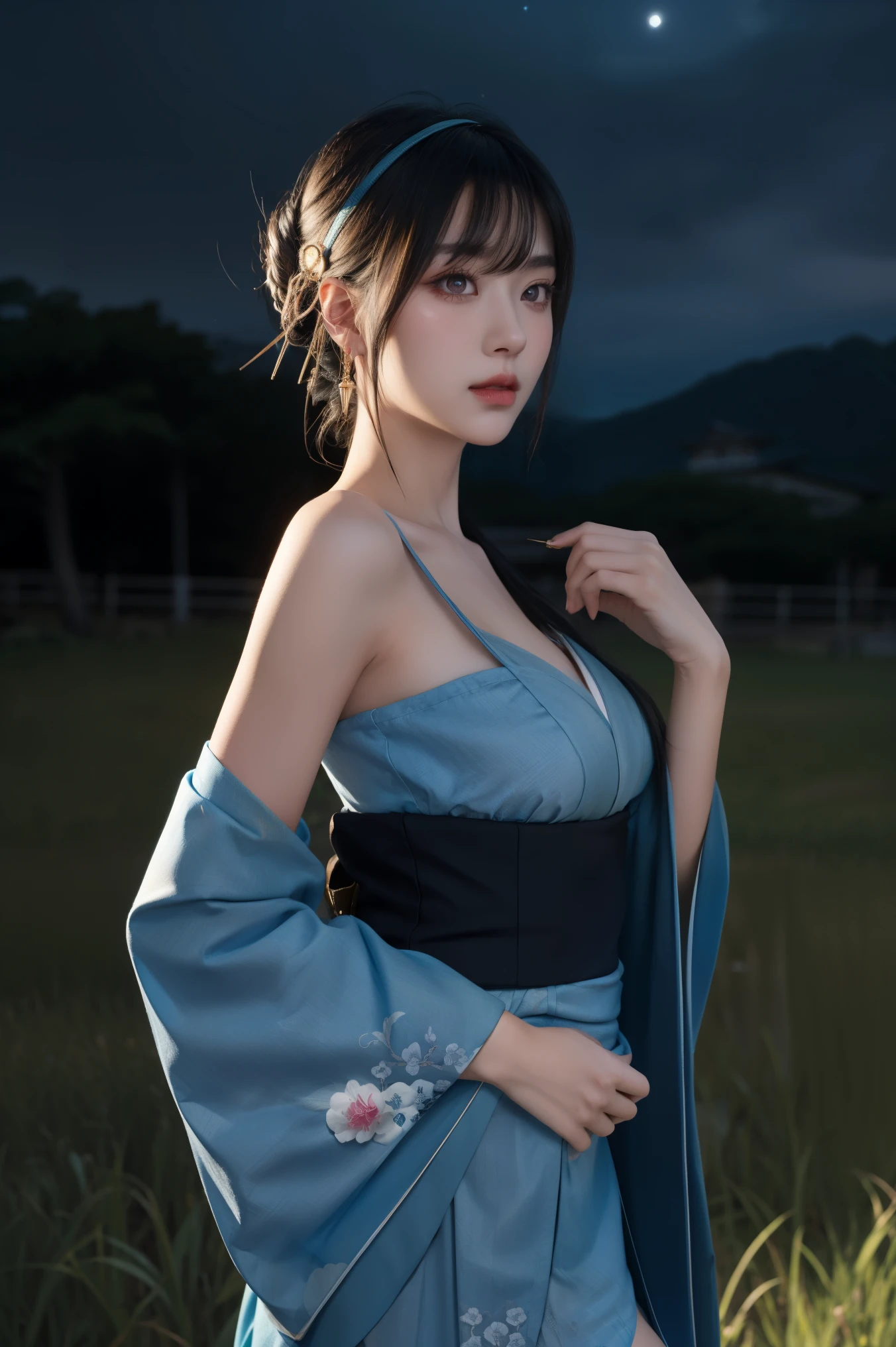 A young woman with dark blue hair styled in a loose bun, adorned with a small purple flower, gazes to the side. She wears a deep blue kimono with floral patterns, revealing her shoulder and upper chest. The background is plain white, emphasizing her figure and attire. She holds a small, woven bag in her right hand, adding a touch of elegance to the scene