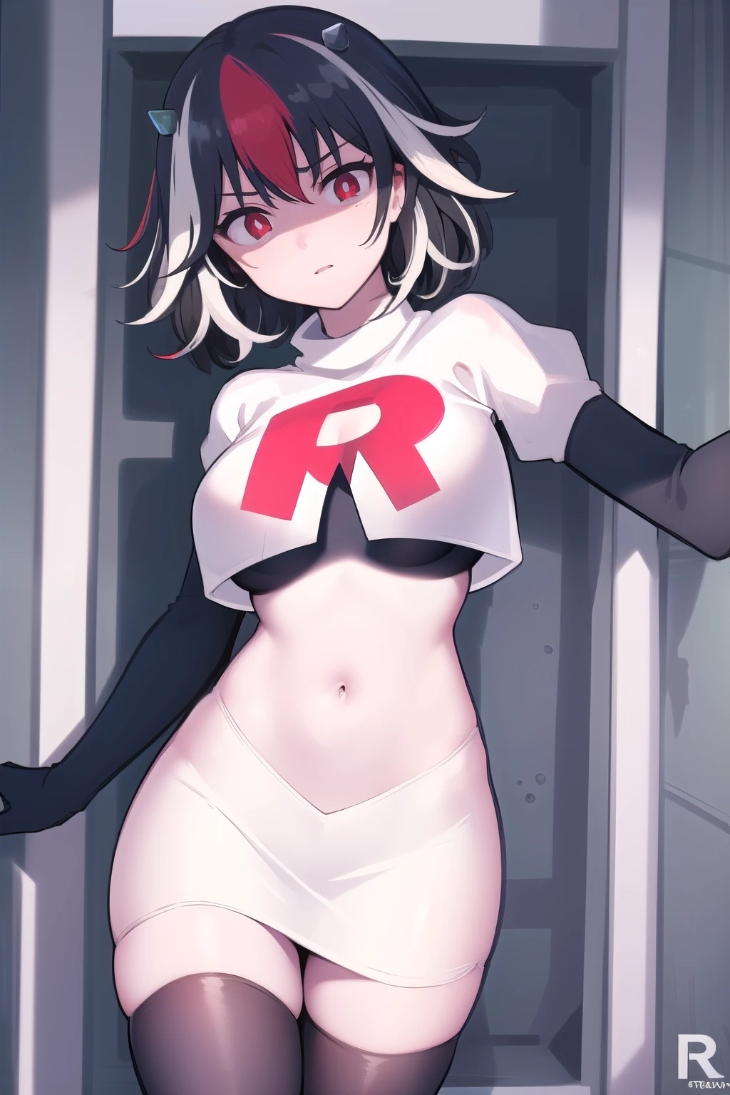 1girl, (kijin seija), breasts, solo, streaked hair, black hair, short hair, multicolored hair, horns, red eyes, crazy eyes, wide-eyed, constricted pupils, team rocket,team rocket uniform, red letter R, white skirt,white crop top,black thigh-highs,black elbow gloves