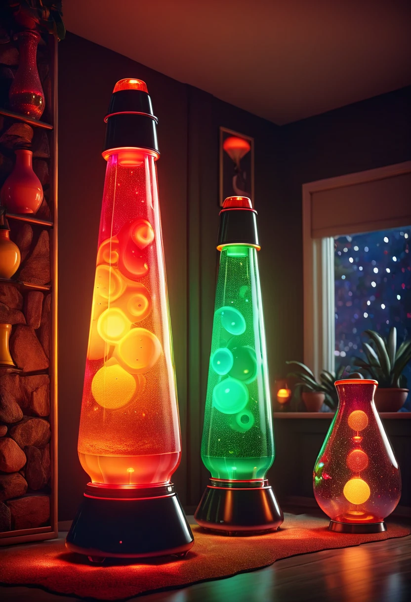 retro:1.5, lava lamps bright and beautiful:1.5, unreal engine:1.4,32K ultra realistic CG, photorealistic:1.4, night:1.4.