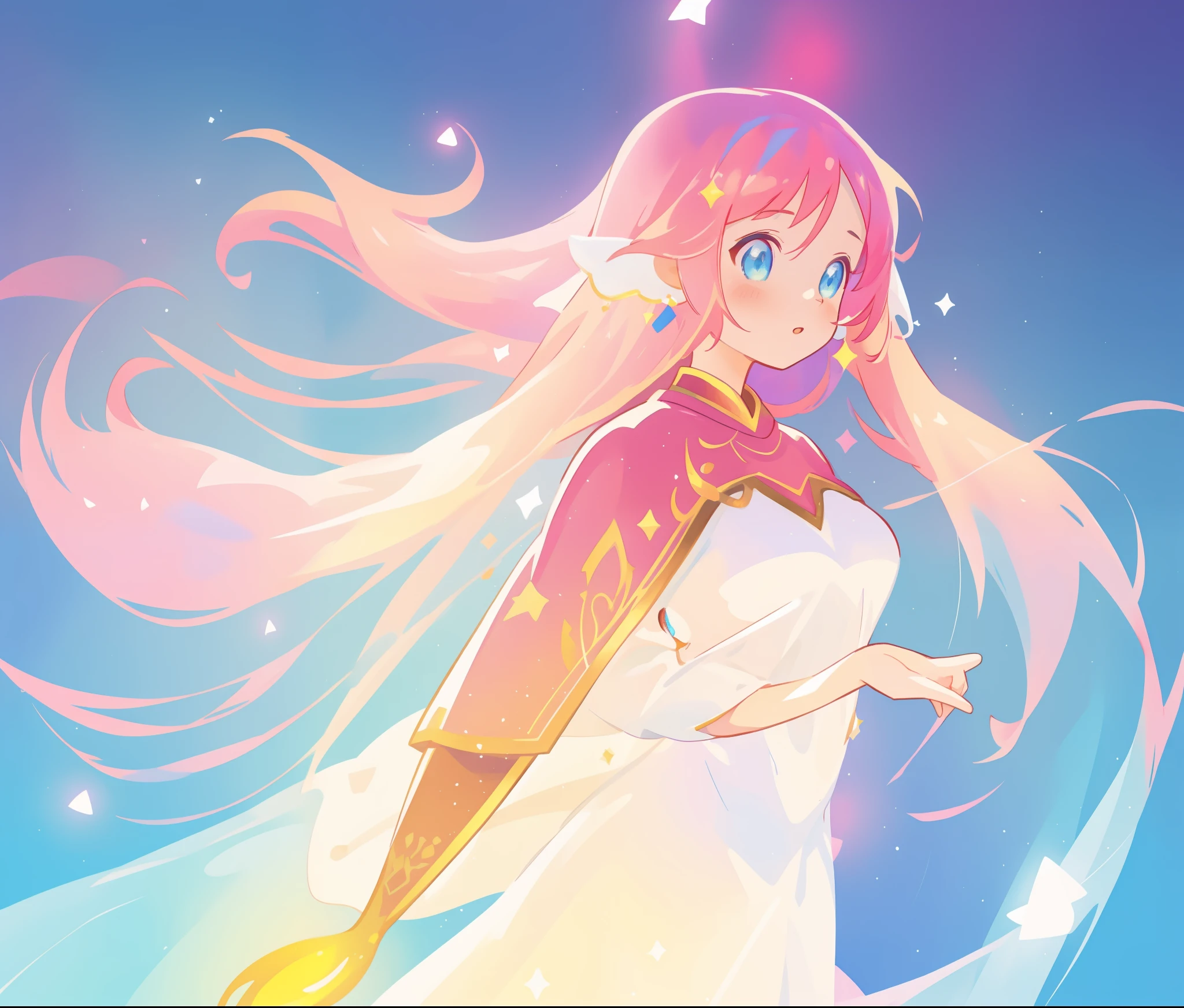 beautiful girl in white arabian two-piece dress, (arabian princess), (arabian dancer), (fantasy arabian dress), long colorful sparkling pink hair, watercolor illustration, Lois van Baarle, glowing aura around her, Glen Keane, jen bartel, glowing hair, beautiful digital illustration, fantasia background, beautiful, masterpiece, best quality, anime disney style, (detailed eyes), golden ratio, perfect composition