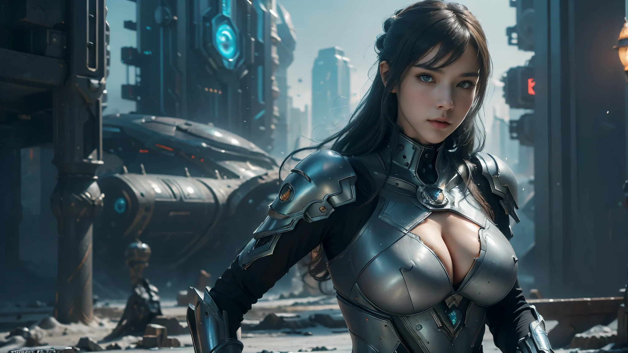 masterpiece,best quality,high resolution,8k,(portrait photo:1.5),(R original photo),real picture,digital photography,(Combination of cyberpunk and fantasy style),(female soldier),20 year old girl,Random hairstyle,through bangs,(red eye breasts, Accessories,Keep your mouth shut,Elegant and charming,Serious and arrogant,Calm and handsome,(Cyberpunk combined with fantasy style clothing,hollow-carved design,big breasts,joint armor,photo poses,Realistic style,gray world background,oc render reflection texture,sentry