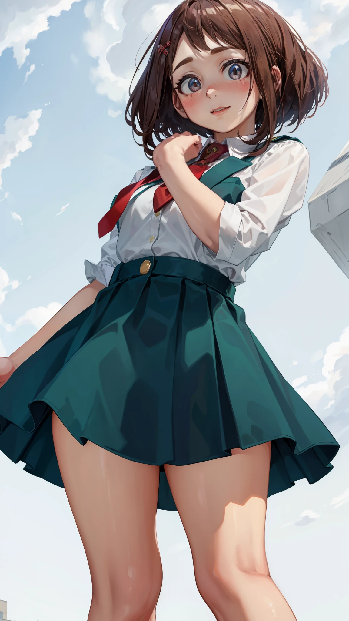 Ochaco is a short girl with a curvaceous figure, Fair skin, reddish-brown hair with eyes that match the color,. She has a permanent pink blush on her cheeks, and彼女の目は大きくて丸く、Thick upper eyelashes, Two more lines on each side that stand out.、and少数ですがより個別に目立つ下まつげ. Her hair is shoulder-length、Bangs are short, and、Style is bobbed with two long strands surrounding her face. She is small, thick pads on the fingertips, resembling figures on the paws of animals,; She uses these when activating and deactivating Quirk.In school, She wears a regular U.be. Schoolgirls Uniform. Topped with a grey dress jacket, Two teal stripes, Two creased pockets, and two golden buttons. Under, She wears a white dress shirt, small red tie, golden button, andティールプリーツスカート. she also、Instead of the usual knee-high socks worn by most other schoolgirls、Wearing brown dress shoes and black leggings.