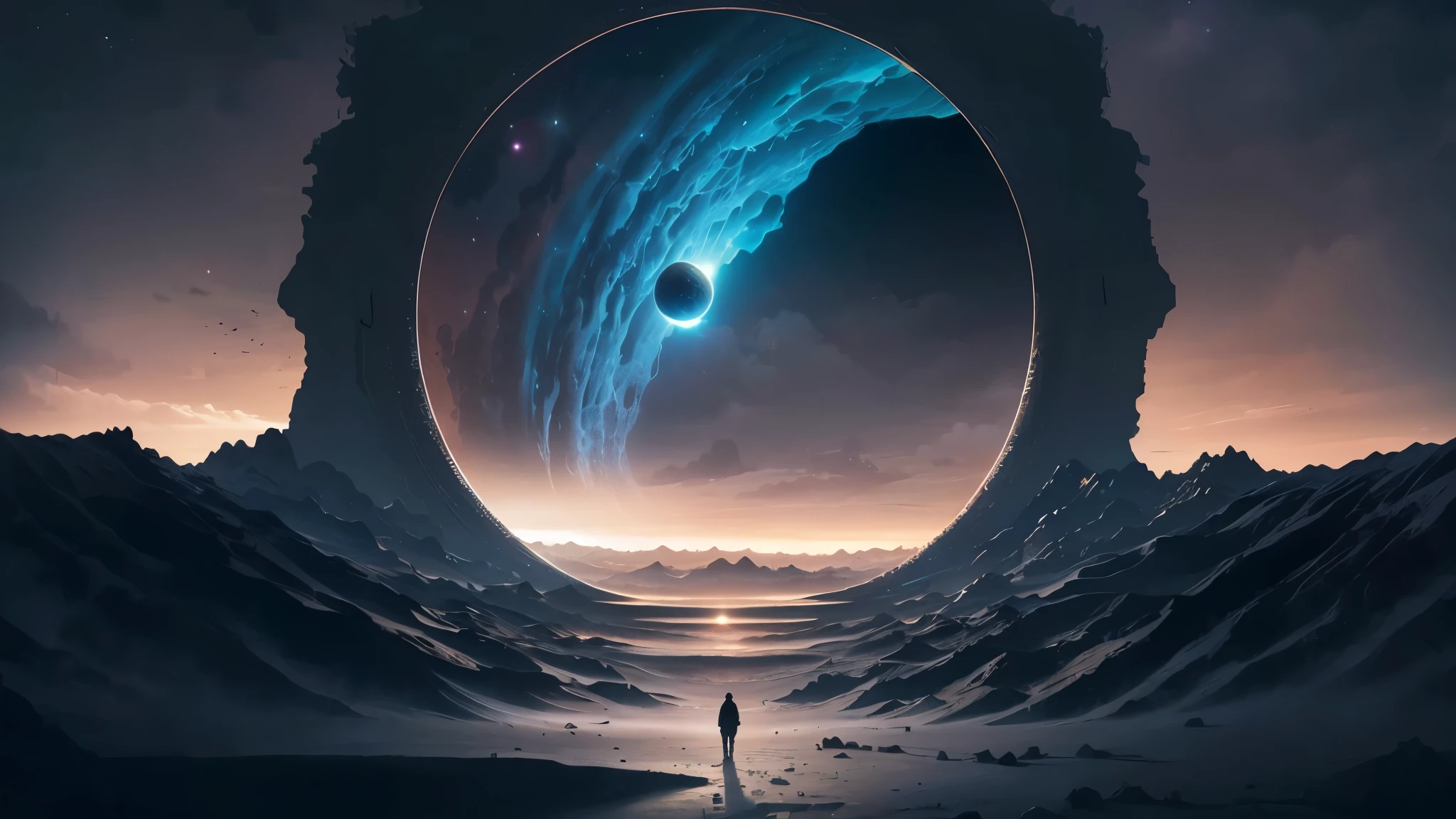 A man stands in the desert,Arafad view with a planet in the background, A world that can only be seen through portals, portal to another world, portal to another universe, portal to another dimension, gateway to outer space, Otherworldly visuals, portal to another universe, view universe, View through portal, Inspired by Cyril Rolando, Greg Beeple