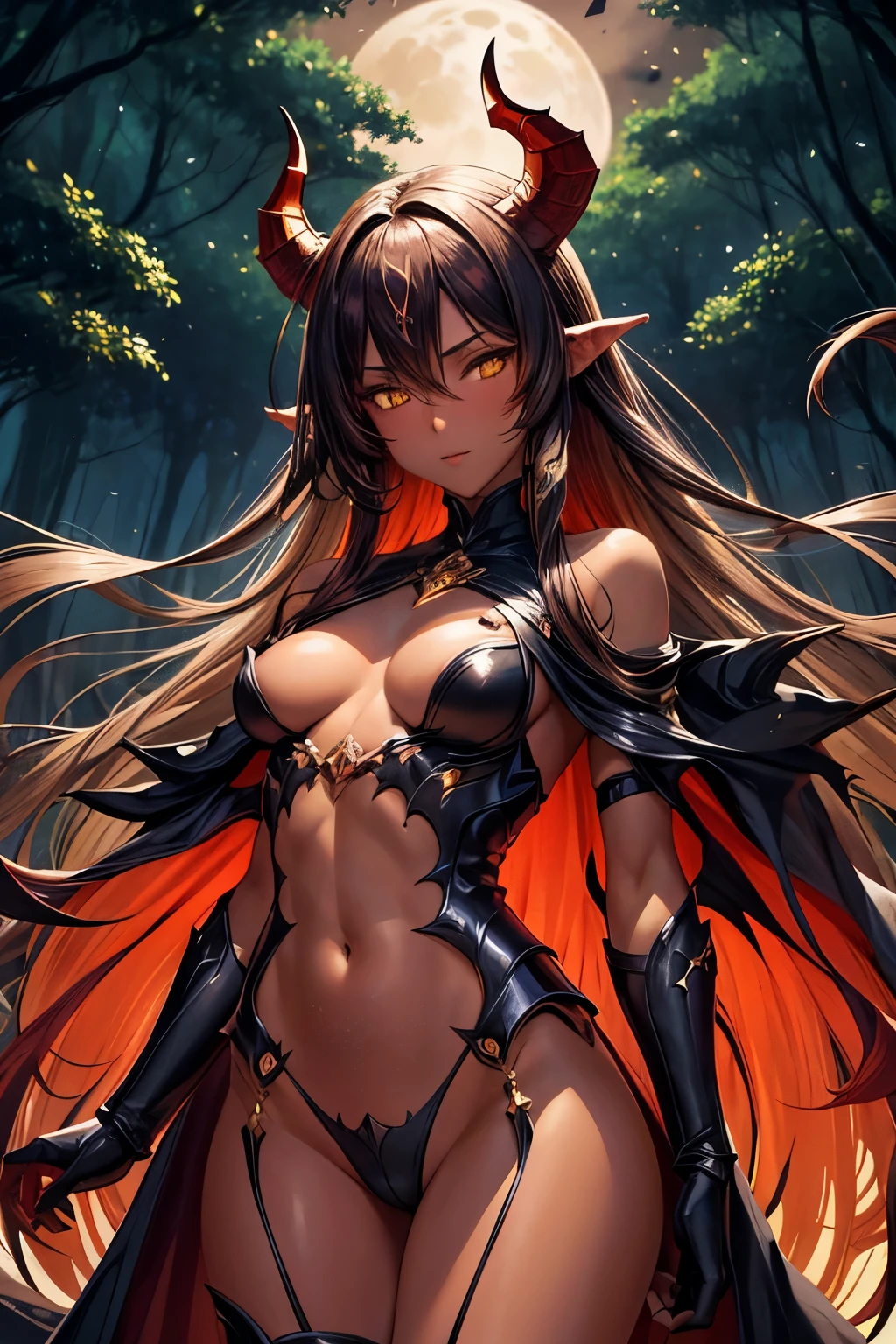 best quality, nsfw, extremely beautiful, beautiful face, long straight brown hair, yellow eyes, (Shiny dark red skin : 1.3), skinny, small breast, Demon horns, revealing dark armor, bare thigh, bare shoulder, long gloves reaching up to the shoulder, dark cape, gemstone encased in armor, in a dark forest at night, moon in background