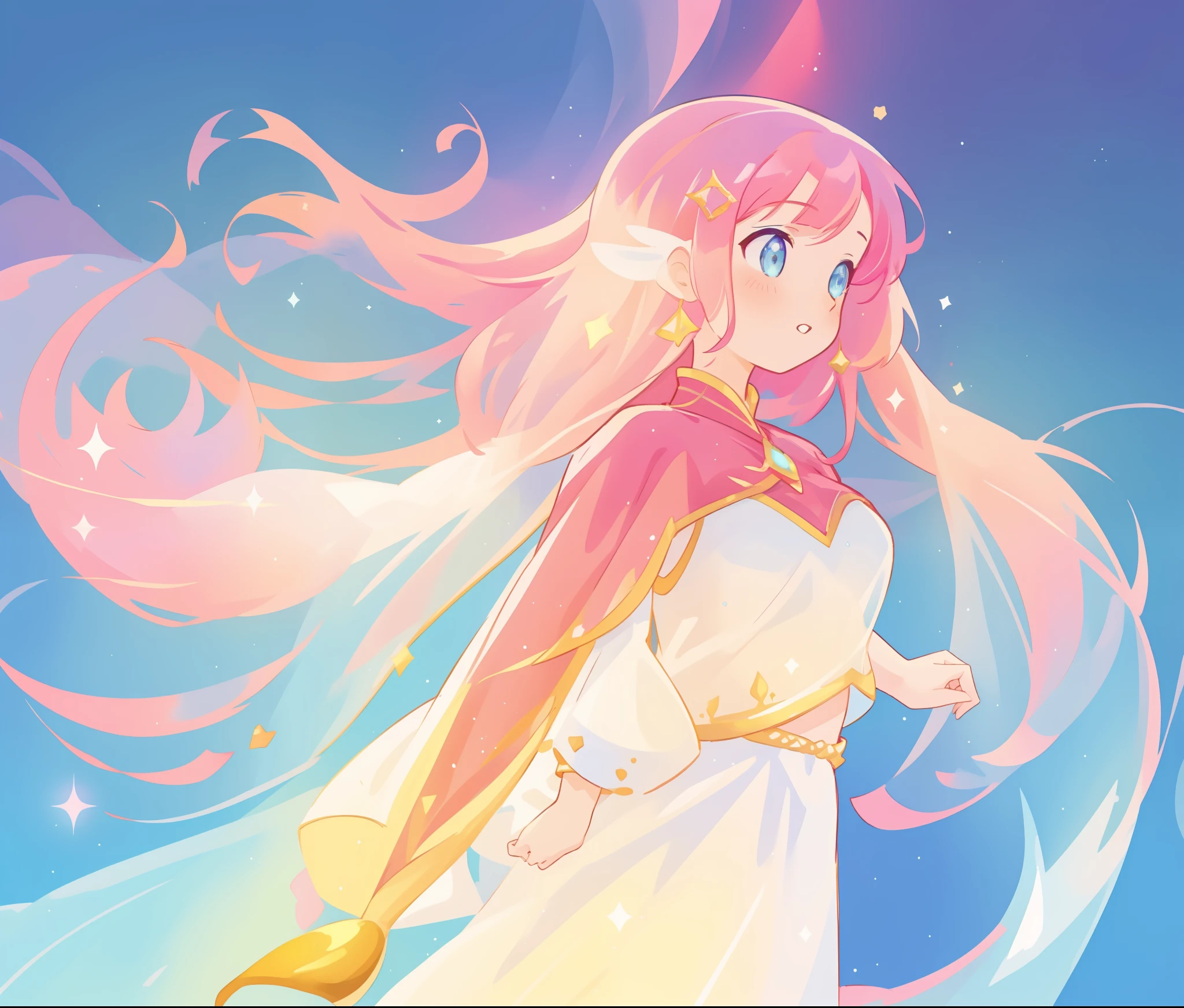 beautiful girl in white arabian two-piece dress, (arabian princess), (arabian dancer), (fantasy arabian dress), long colorful sparkling pink hair, watercolor illustration, Lois van Baarle, glowing aura around her, Glen Keane, jen bartel, glowing hair, beautiful digital illustration, fantasia background, beautiful, masterpiece, best quality, anime disney style, (detailed eyes), golden ratio, perfect composition