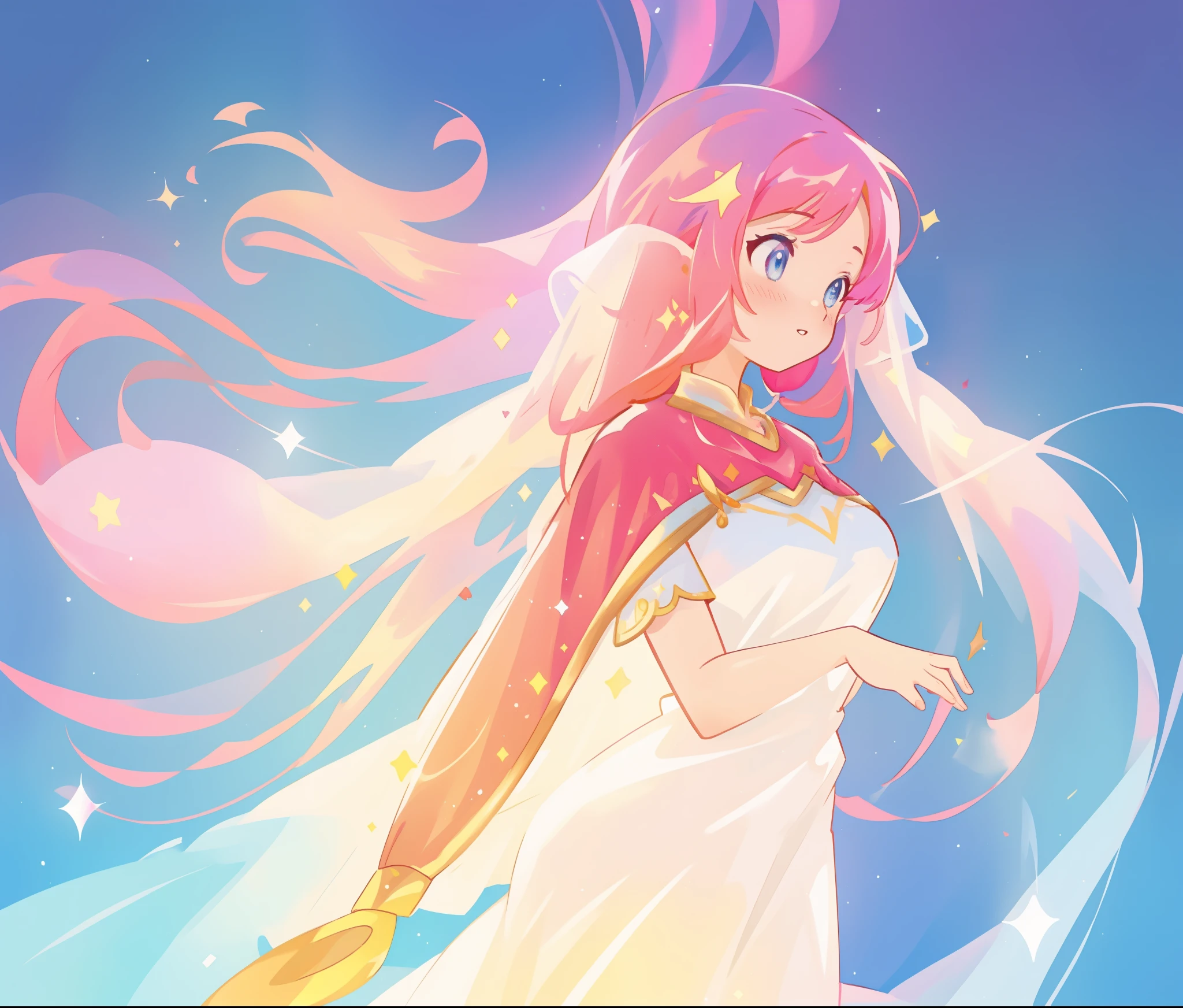 beautiful girl in white arabian two-piece dress, (arabian princess), (arabian dancer), (fantasy arabian dress), long colorful sparkling pink hair, watercolor illustration, Lois van Baarle, glowing aura around her, Glen Keane, jen bartel, glowing hair, beautiful digital illustration, fantasia background, beautiful, masterpiece, best quality, anime disney style, (detailed eyes), golden ratio, perfect composition