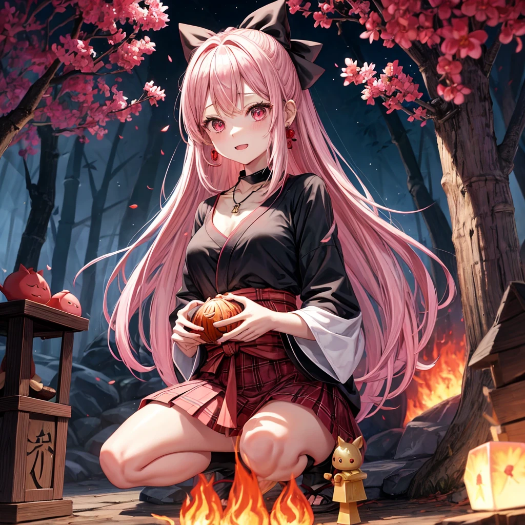 pink black blonde、red eyes、one good looking girl、solo、anime、plaid mini skirt、black camisole、black t-shirt、kimono、wearing a ribbon、ribbon at waist、stone slabs are piled up、crystal earrings、jewelry necklace、Light and shadow、walking、clock、universe、vine plant、petal、tilting one's face、teeth are visible、fire spirit、book of magic、Cube、bamboo forest、lava、Plum blossom、squatting down