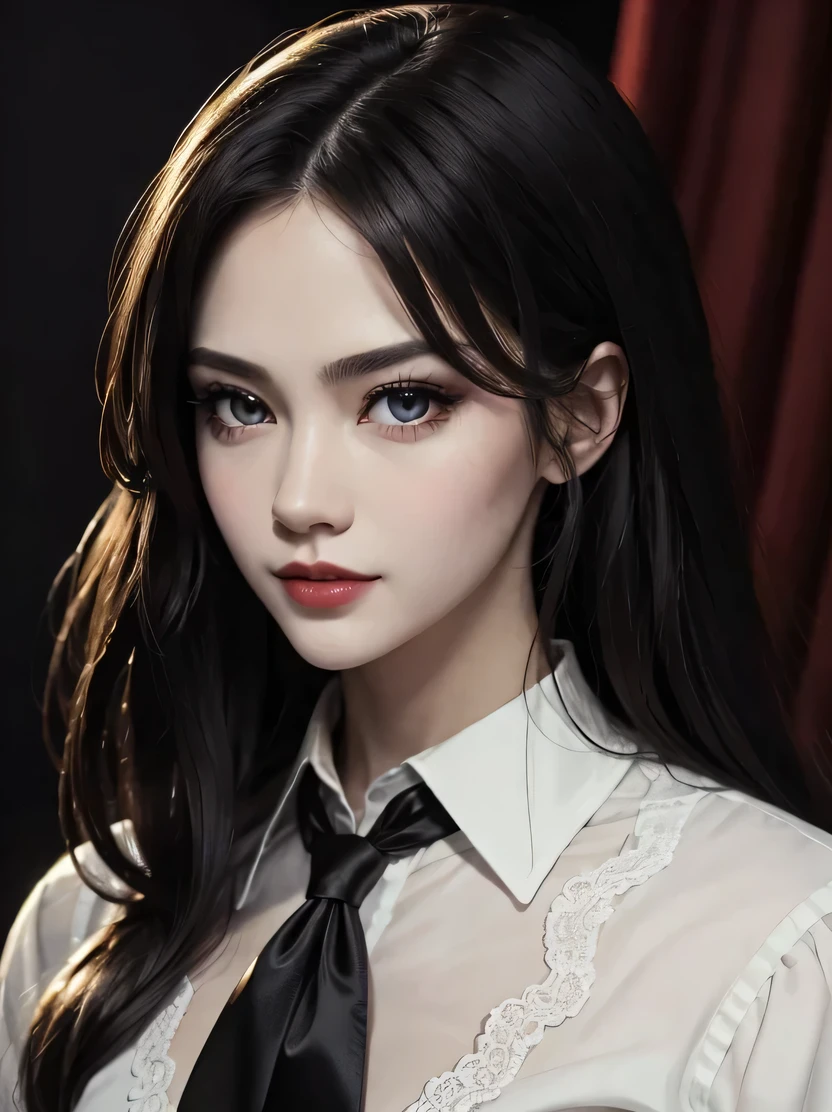 ((masterpiece、highest quality、Super detailed、High resolution、realistic、sharp focus))、bust shot、high contrast、high color saturation、 ((very delicate and beautiful))、crazy details、((beautiful woman portrait))、Sexy vampire girl、alone、black collared shirt、red tie、pale skin、big lips、black lips、red eyes、Ring-shaped eyes、shining eyes、long black hair、evil smile、Scar face、view audience、put your hands down、Detailed depiction of hands