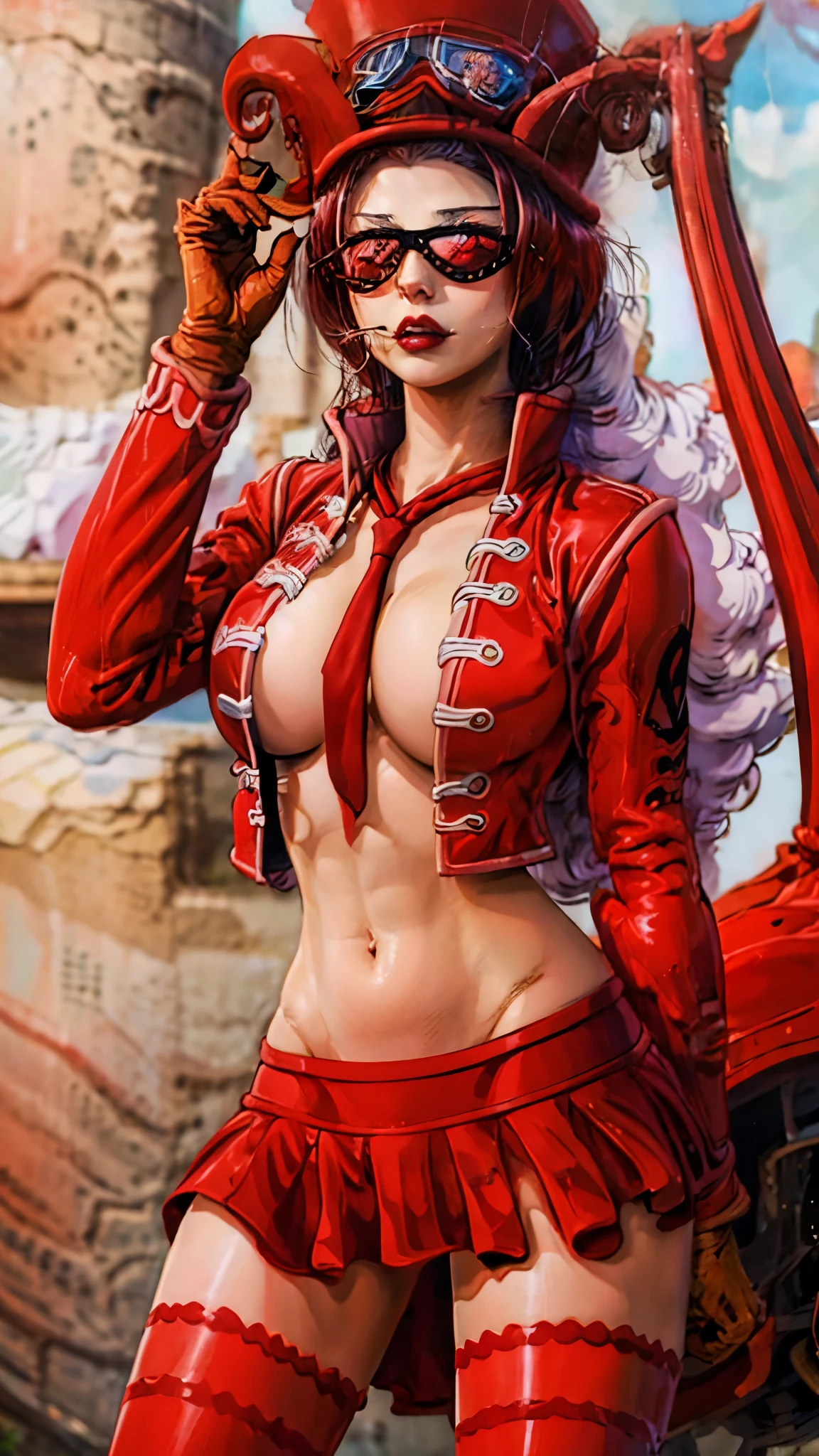 anime girl in red outfit posing in front of a motorcycle, Belo Betty, purple hair, rin tohsaka, mai shiranui, extremely detailed artgerm, nico robin, range murata and artgerm, deviantart artstation cgscosiety, style artgerm, crimson themed, highly detailed exquisite fanart, seductive anime girl, advanced digital anime art ”, by Yang J