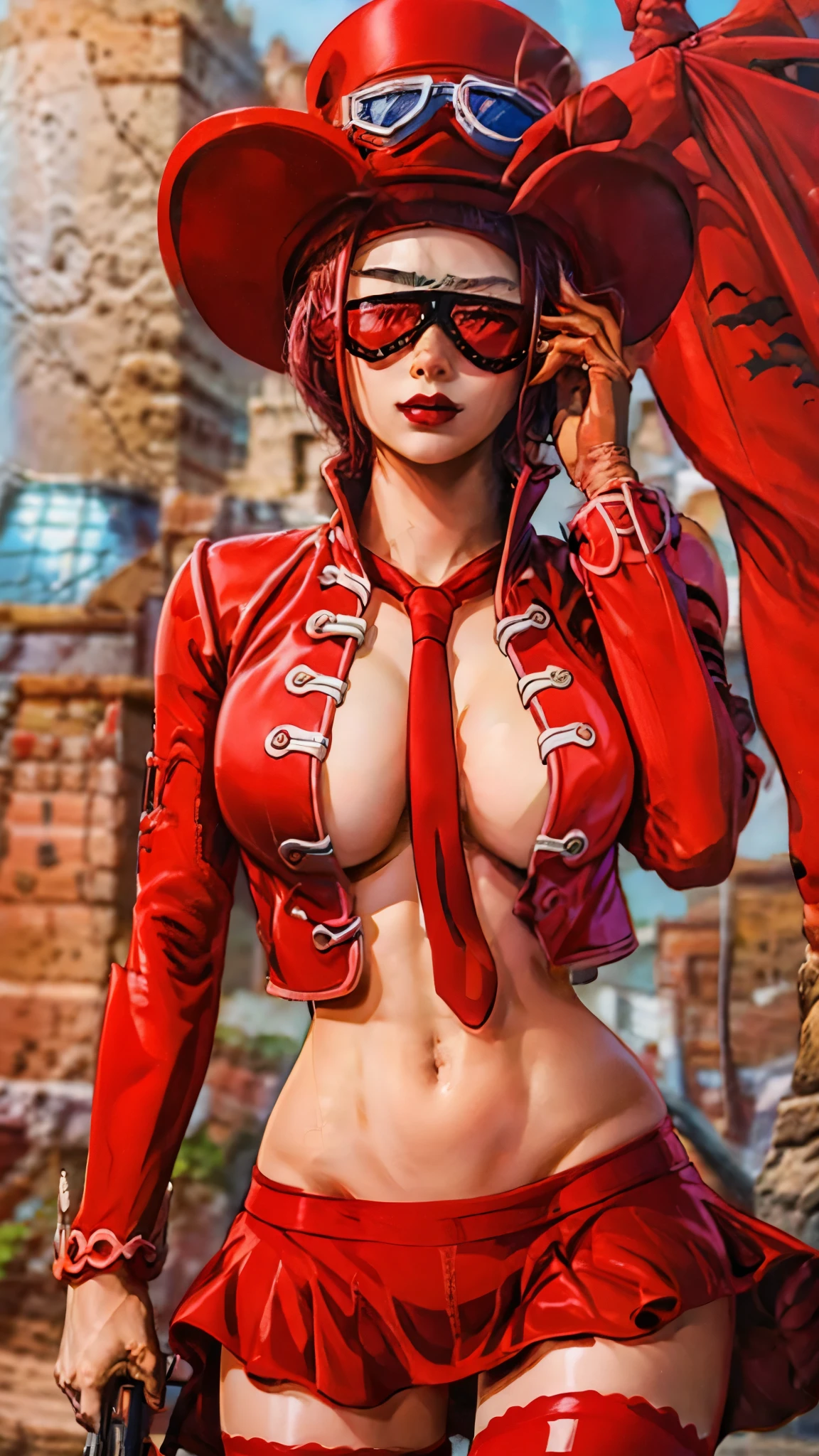 anime girl in red outfit with red hat and sunglasses holding a gun, belo Betty, Purple hair, crimson themed, extremely detailed artgerm, all red, crimson attire, style artgerm, trendin on artstation, miss fortune, fanart best artstation, red hot, red uniform, ig model | artgerm, league of legends style art, red armor