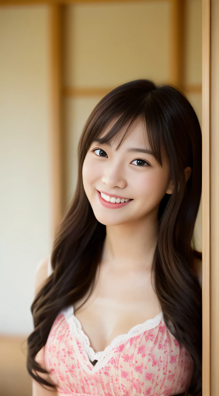 masterpiece,best quality,(Japanese ),((Beautiful girl)),cleavage,room,(perfect body beauty:1.2),(shy smile),beautiful teeth,