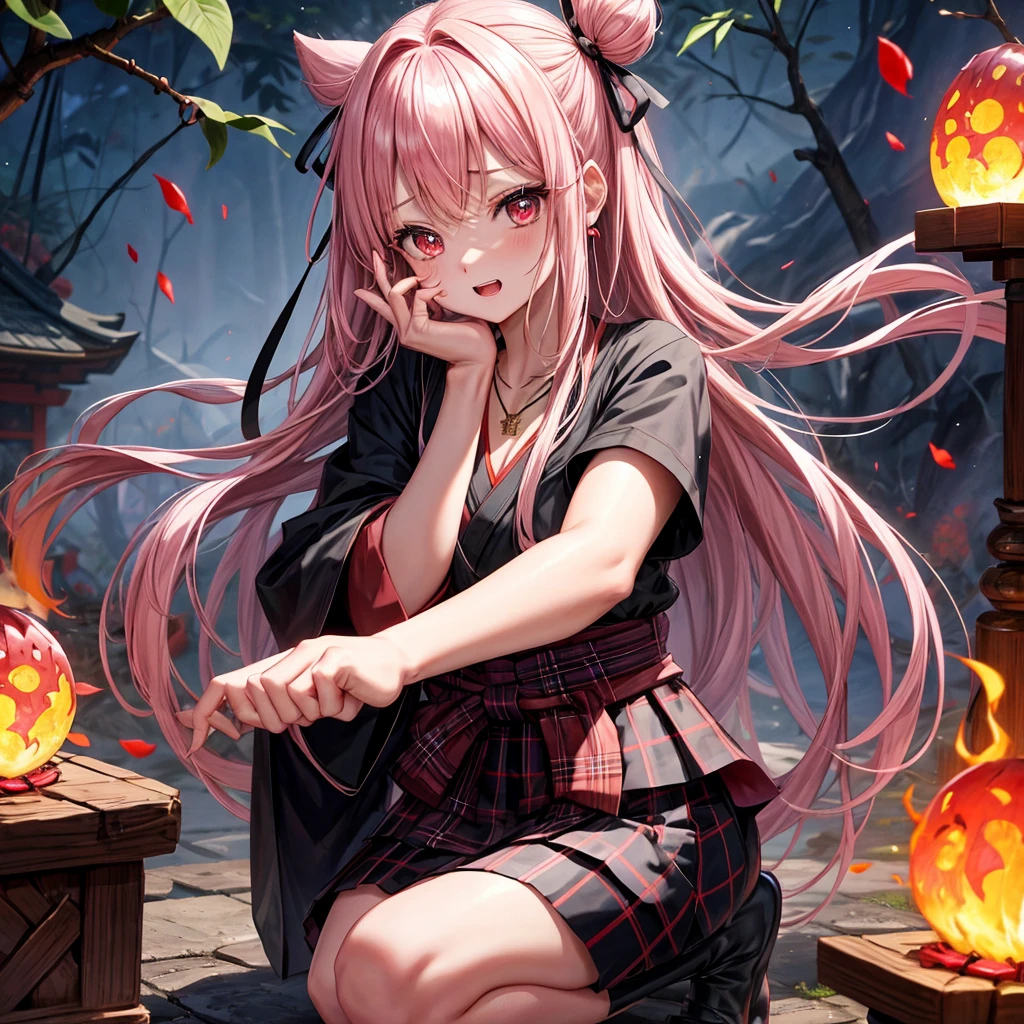 pink black blonde、red eyes、one good looking girl、solo、anime、plaid mini skirt、black camisole、black t-shirt、kimono、wearing a ribbon、ribbon at waist、stone slabs are piled up、crystal earrings、jewelry necklace、Light and shadow、clock、universe、vine plant、petal、tilting one&#39;s face、teeth are visible、fire spirit、book of magic、Cube、bamboo forest、lava、Plum blossom、squatting down、Kokeshi