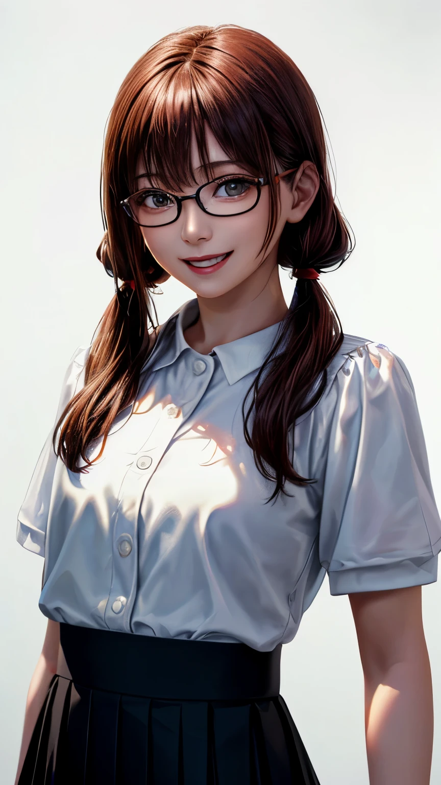 (highest quality、8K、32k、masterpiece)、(realistic)、(Photoreal:1.2)、(High resolution)、Super detailed、very beautiful face and eyes、1 girl、round and small face、thin waist、delicate body、(close、highest quality、high detail、Rich skin details)、(highest quality、8K、oil paint:1.2)、Super detailed、(realistic、realistic:1.37)、bright colors、(((Red hair)))、(((bust shot)))、(((long hair)))、(((pure white wall background)))、(((pure white wall background)))、(((career woman)))、(((She has a happy expression)))、(((laughter)))、(((Wearing a black suit)))、(((the skirt is short)))、(((play with smartphone)))、(((I&#39;m wearing glasses)))、twin tails