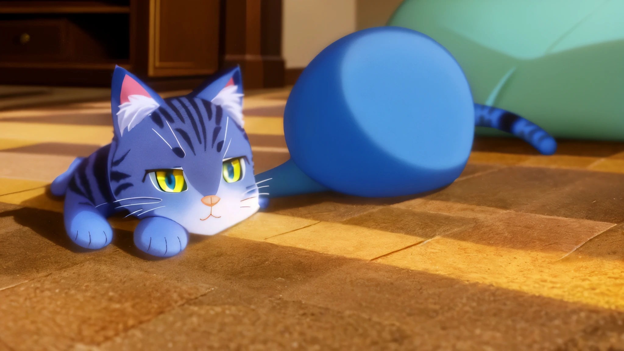 Super detailed, very detailed, masterpiece, highest quality, highest quality, Scattered beneath the surface, (1 cat:1.5), (alone:1.4), (cat stuffed animal:1.1), (45 degree side view:1.2),fine fur, fluffy legs, Cat ear, Blue cat eyes,Cardboard box filled with toys, Teddy bear outside the box, some toys are scattered on the ground,game art, disney, dream works, anime movie, realism, true light and shadow, rich colors, bright and bright atmosphere,