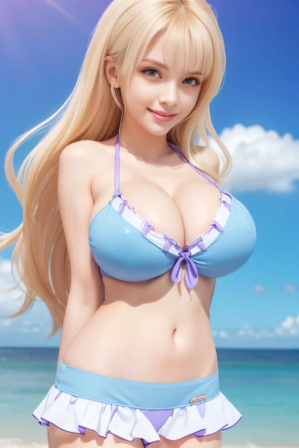1 girl, 18 years old, cute girl, wearing bikini, standing on the beach with clear sea water in the background, (Large C breast: 1.6), sexy breast, cleavage, sexy bra, real skin, realistic skin, detailed skin features, detailed skin texture, detailed clothes features, body proportions, voluptious body, ultra-detailed, real face, detailed facial features, long blond hair, beautiful eyes, (purple eyes: 1.3), detailed eyes, smile, cute smile, gloss on lips, detailed face and breast, best quality, masterpiece, 8k, RAW photography, cinematic lightning, (Best Quality:1.4), 8K resolution, High resolution, (Photorealistic, High resolution:1.4), Raw photo, (Realistic, Photorealistic:1.37),